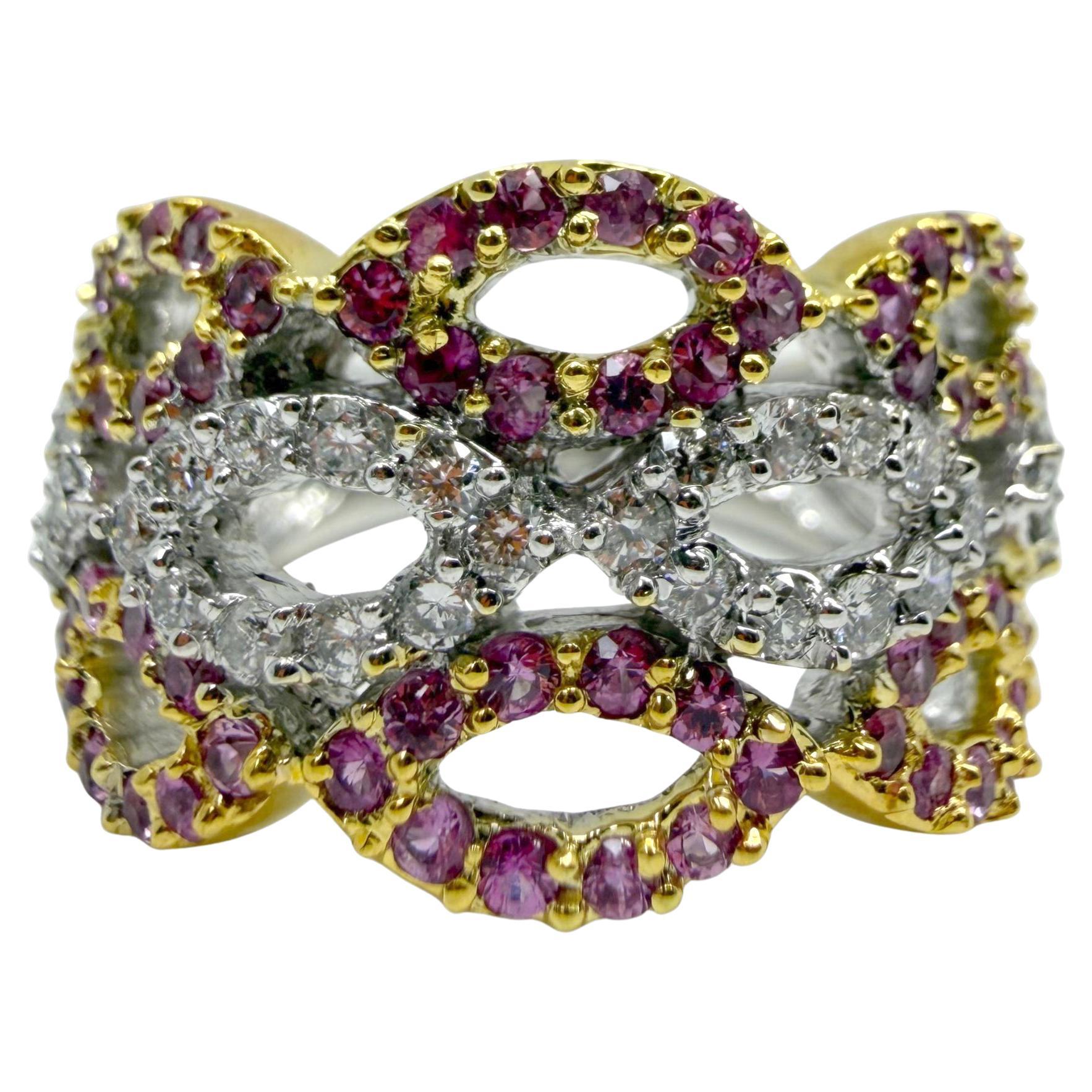 18K Two Tone Pink Sapphire and Diamond Band For Sale