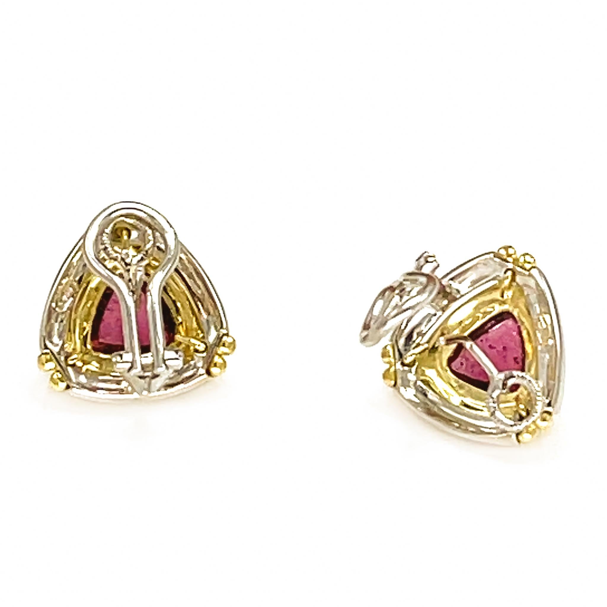 18k Two Tone Pink Tourmaline Earrings In Excellent Condition For Sale In New York, NY