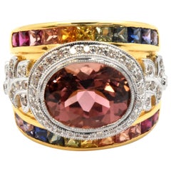 18k Two-Tone Tourmaline 3.64ct, Diamond, and Rainbow Sapphire Fashion Ring
