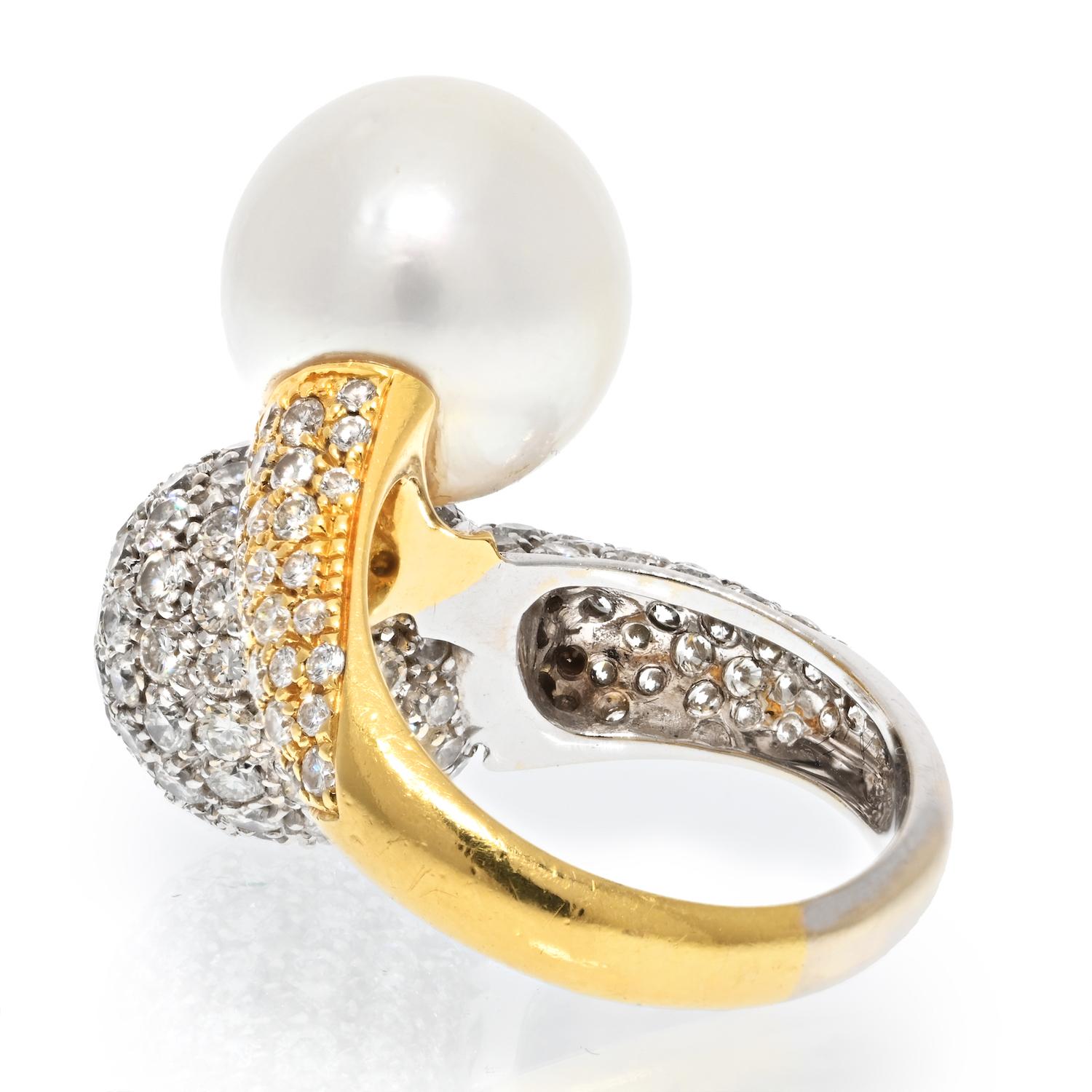 Round Cut 18k Two Tone Vintage Bypass Diamond and Pearl Ring For Sale