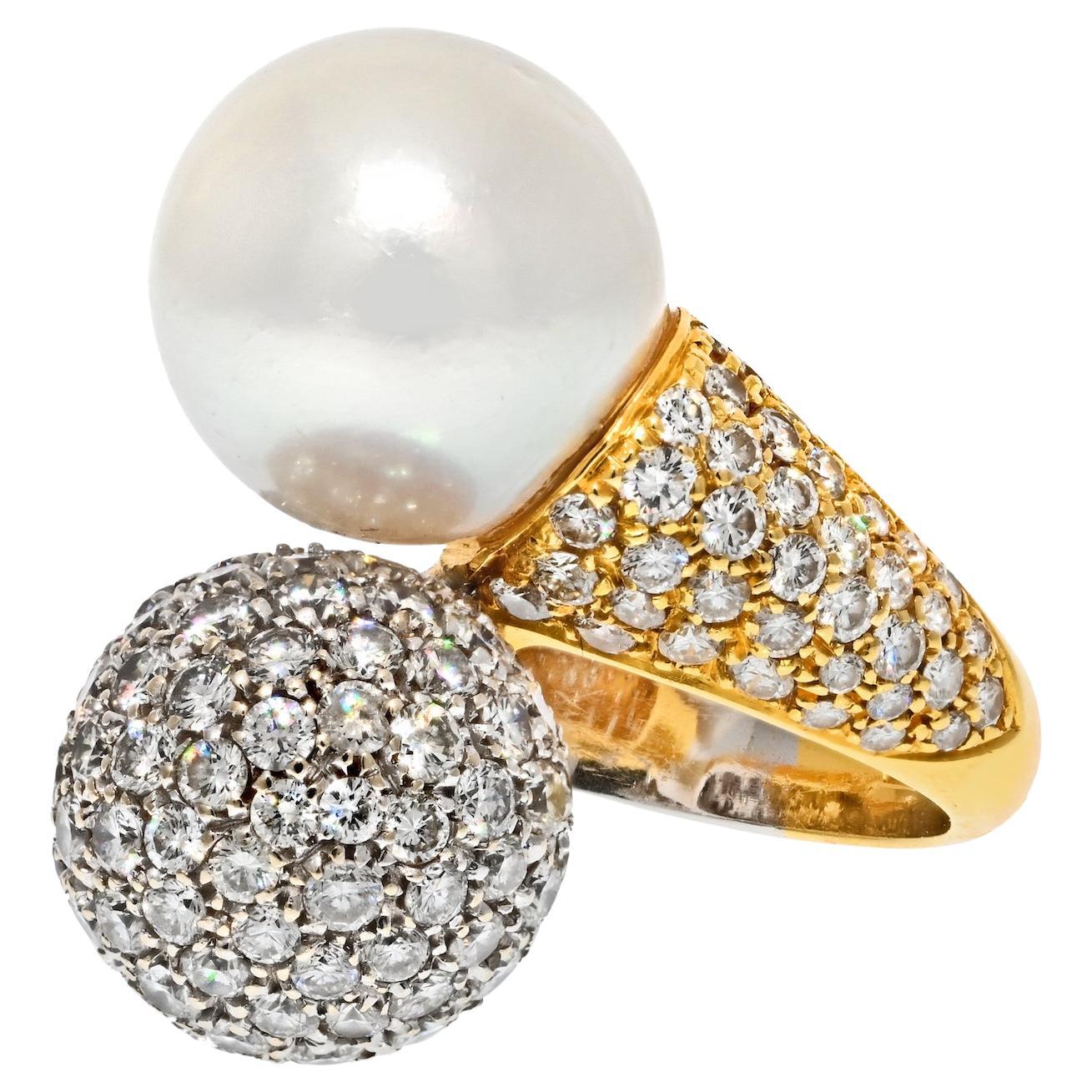 18k Two Tone Vintage Bypass Diamond and Pearl Ring For Sale