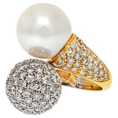 18k Two Tone Vintage Bypass Diamond and Pearl Ring