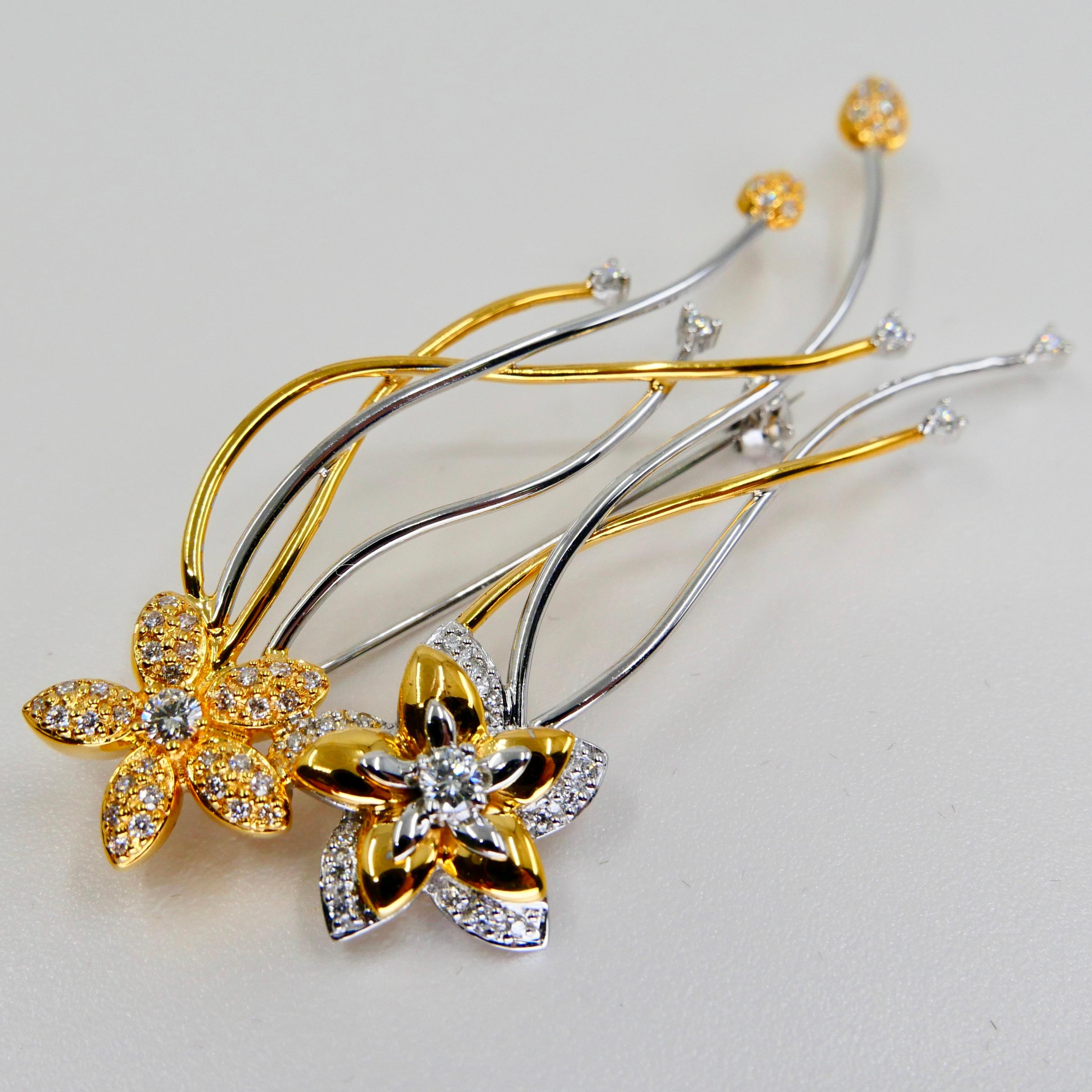 18K Two Tone White & Yellow Gold, Diamond Flower Brooch, Beautiful Workmanship For Sale 5