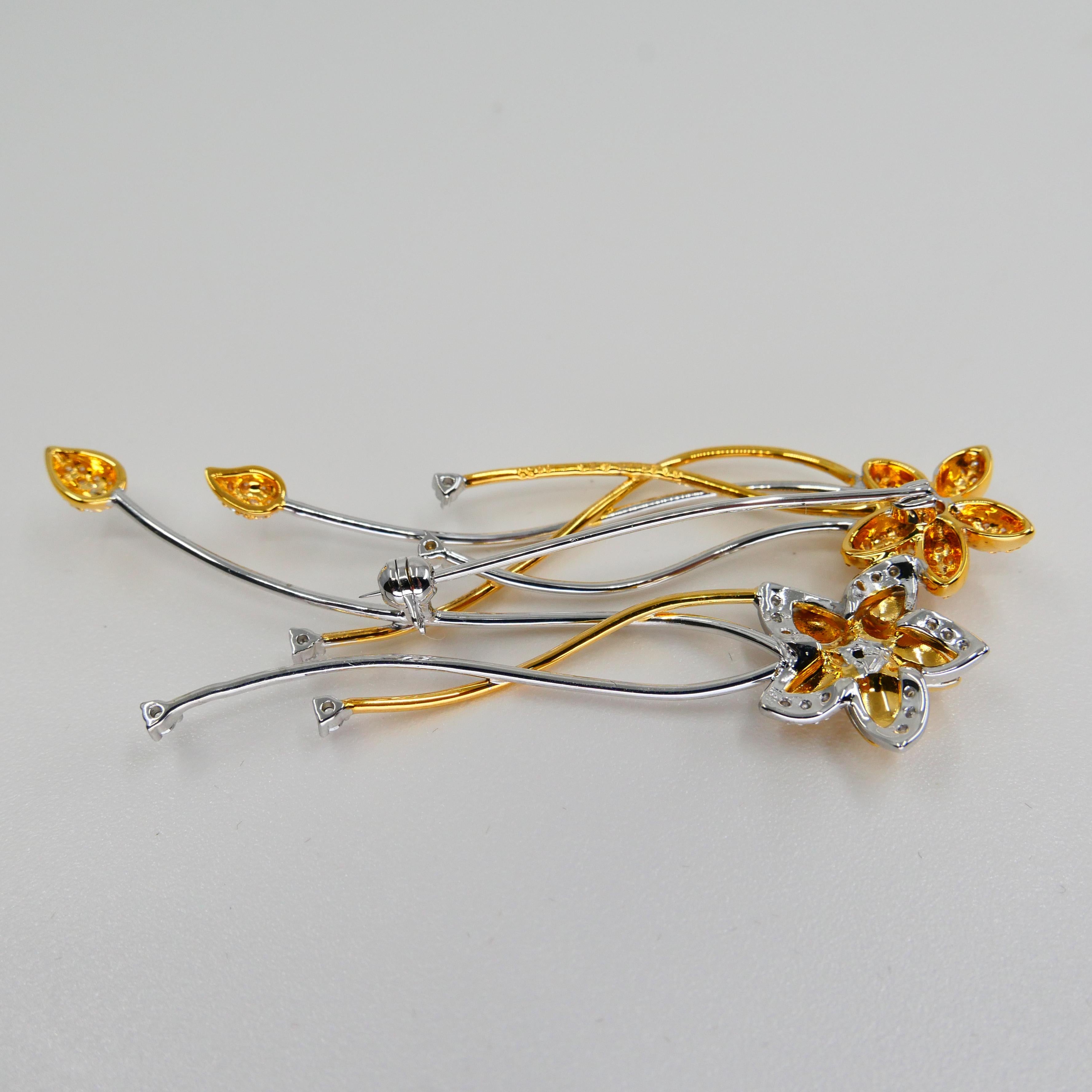 18K Two Tone White & Yellow Gold, Diamond Flower Brooch, Beautiful Workmanship For Sale 6