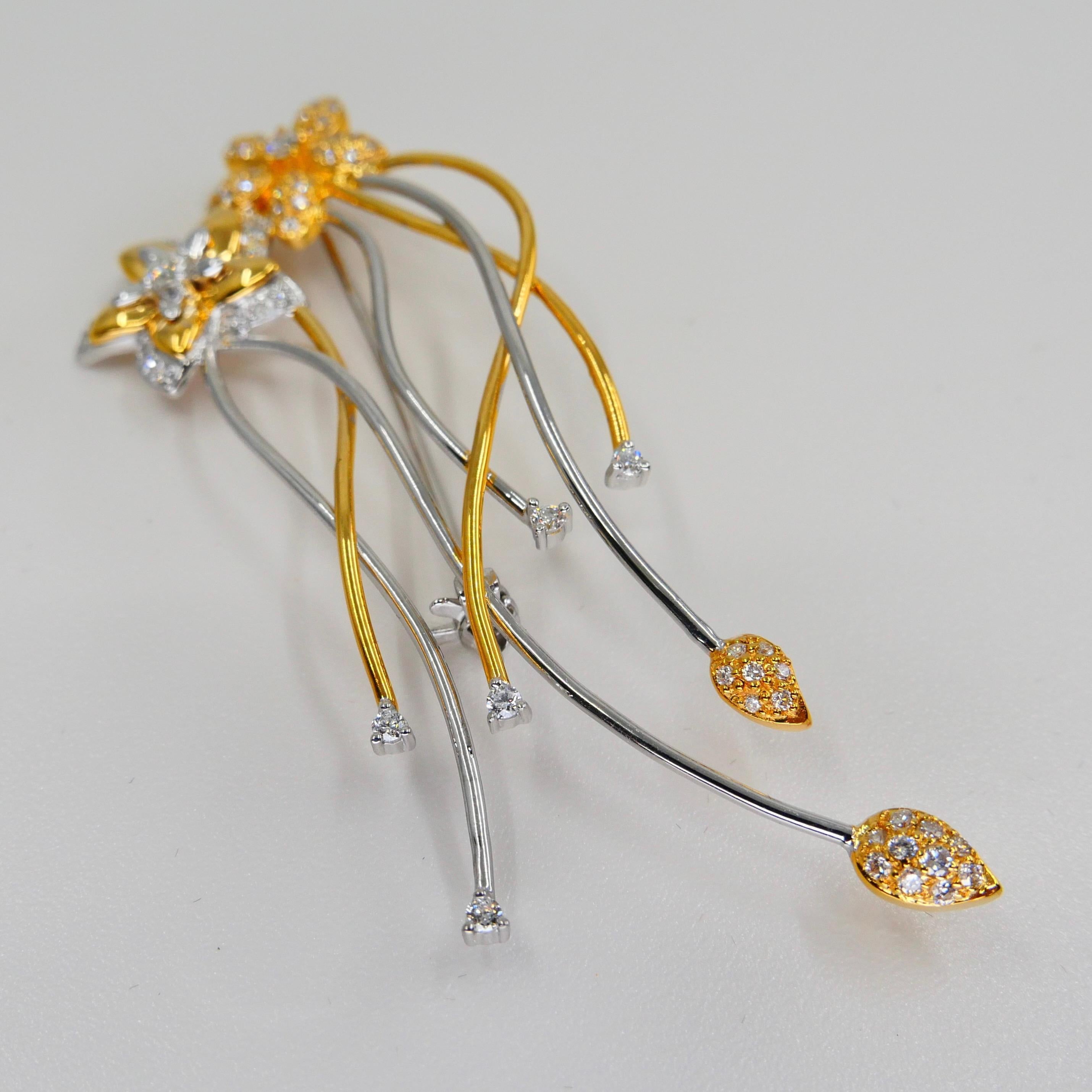 Women's or Men's 18K Two Tone White & Yellow Gold, Diamond Flower Brooch, Beautiful Workmanship For Sale