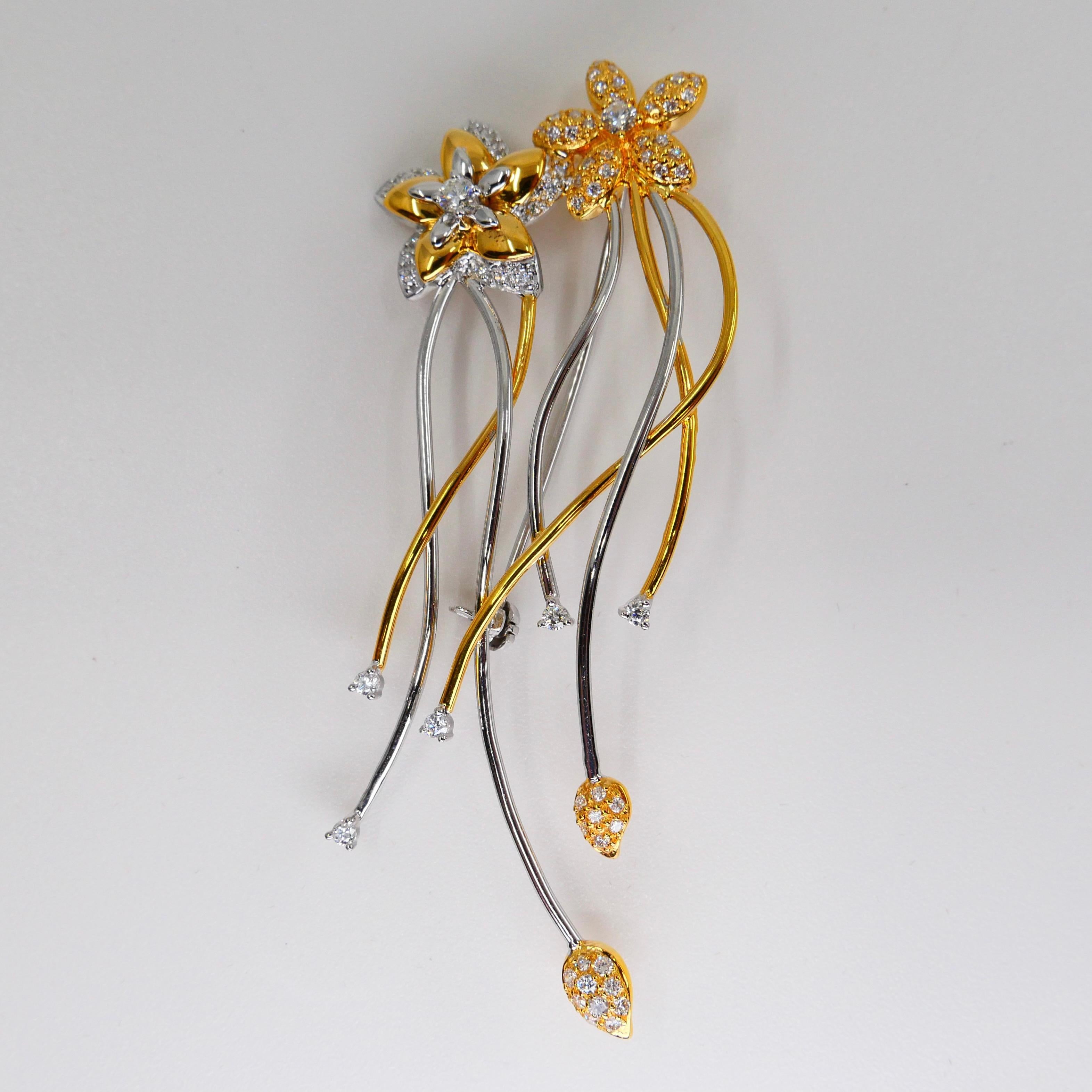 18K Two Tone White & Yellow Gold, Diamond Flower Brooch, Beautiful Workmanship For Sale 1