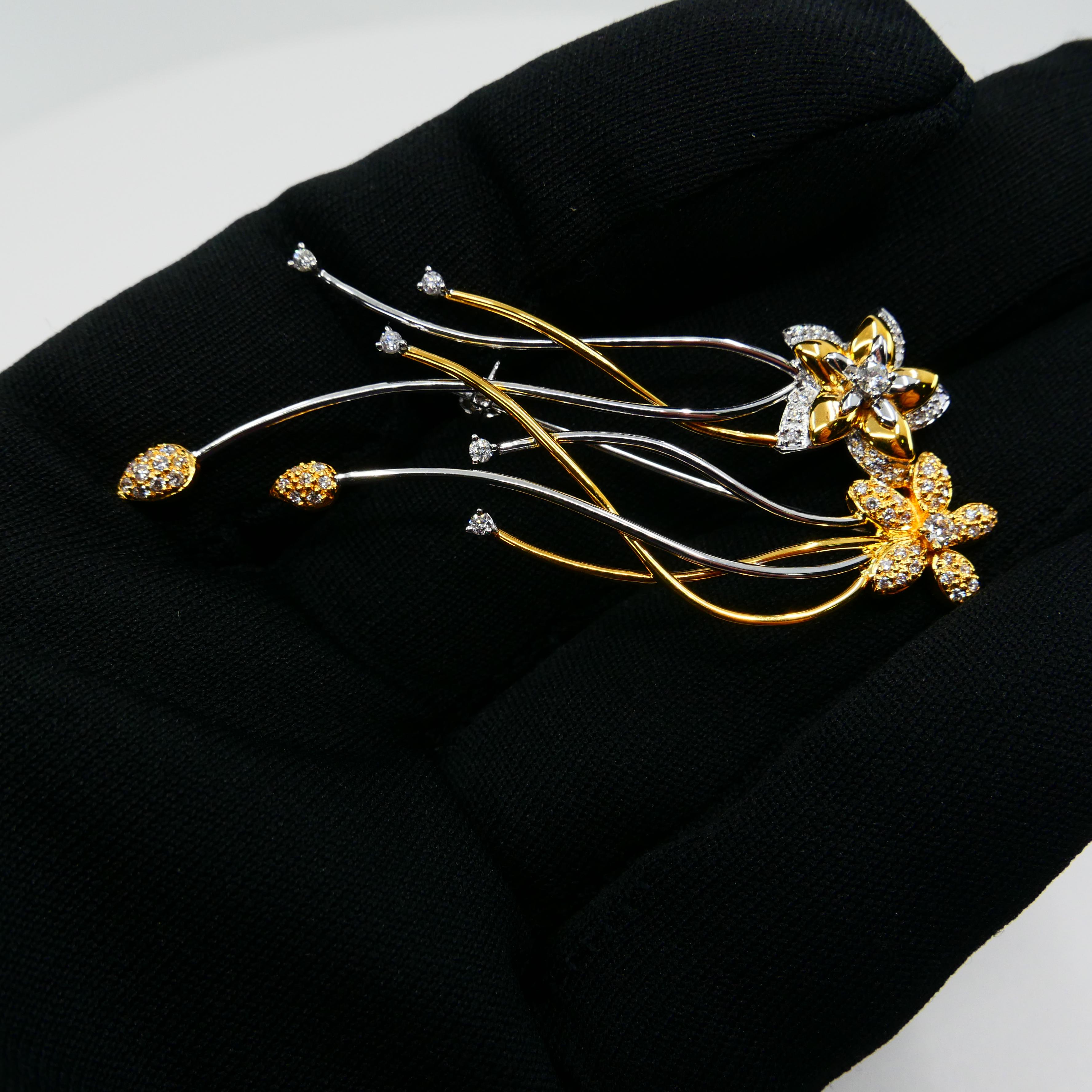 18K Two Tone White & Yellow Gold, Diamond Flower Brooch, Beautiful Workmanship For Sale 2