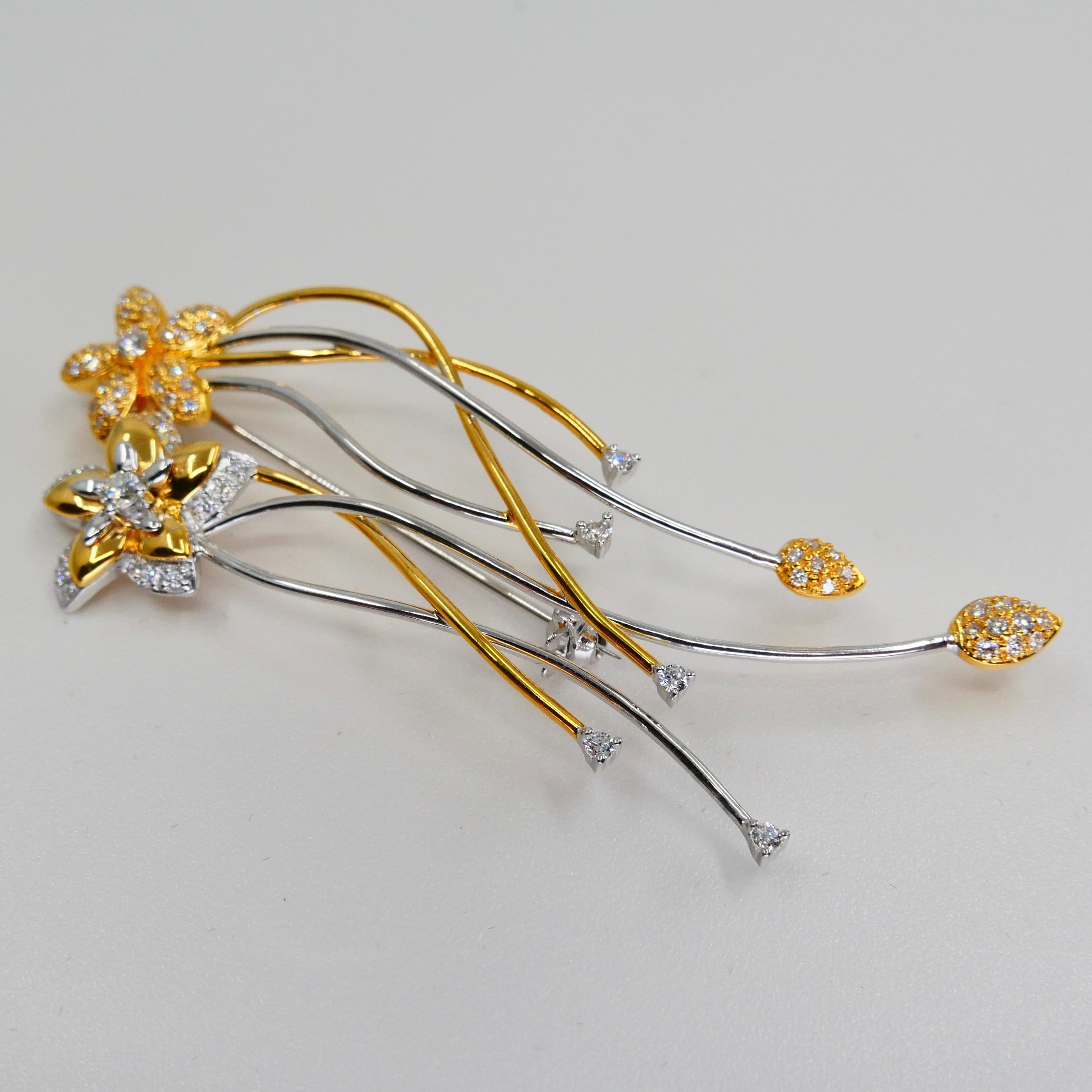 18K Two Tone White & Yellow Gold, Diamond Flower Brooch, Beautiful Workmanship For Sale 4