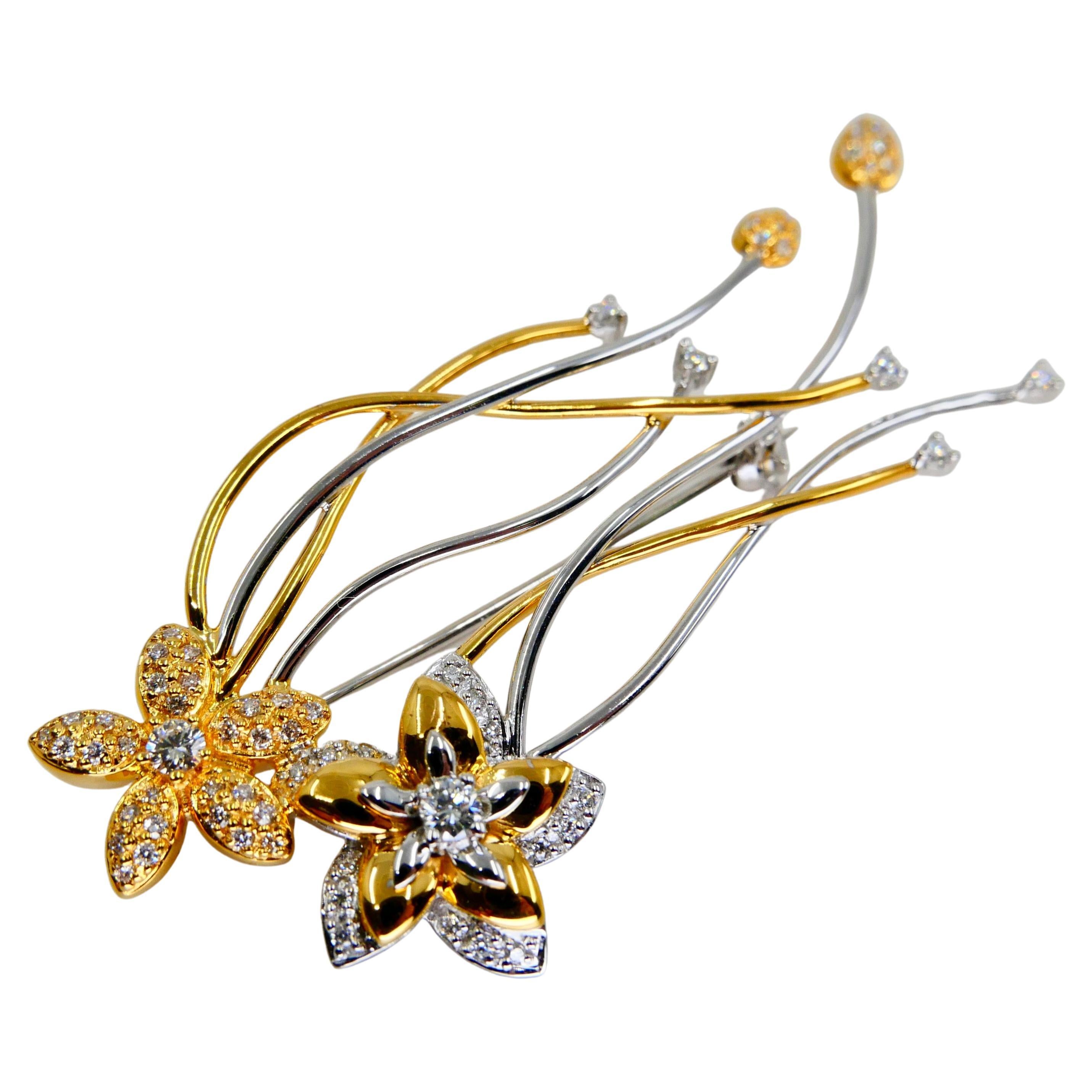 18K Two Tone White & Yellow Gold, Diamond Flower Brooch, Beautiful Workmanship For Sale