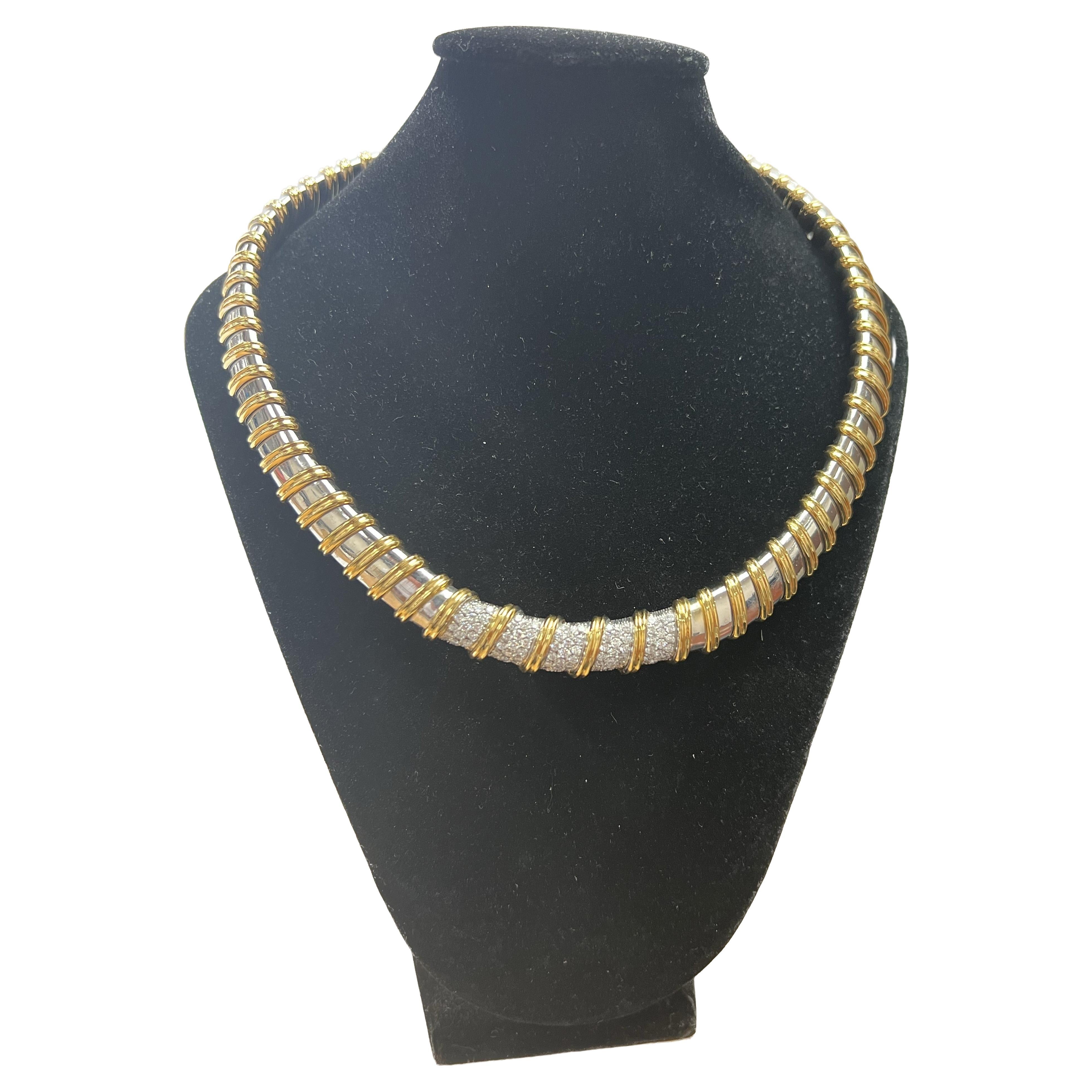18k Two-Tone White & Yellow Gold Necklace with Round Diamonds 3.04 tcw For Sale