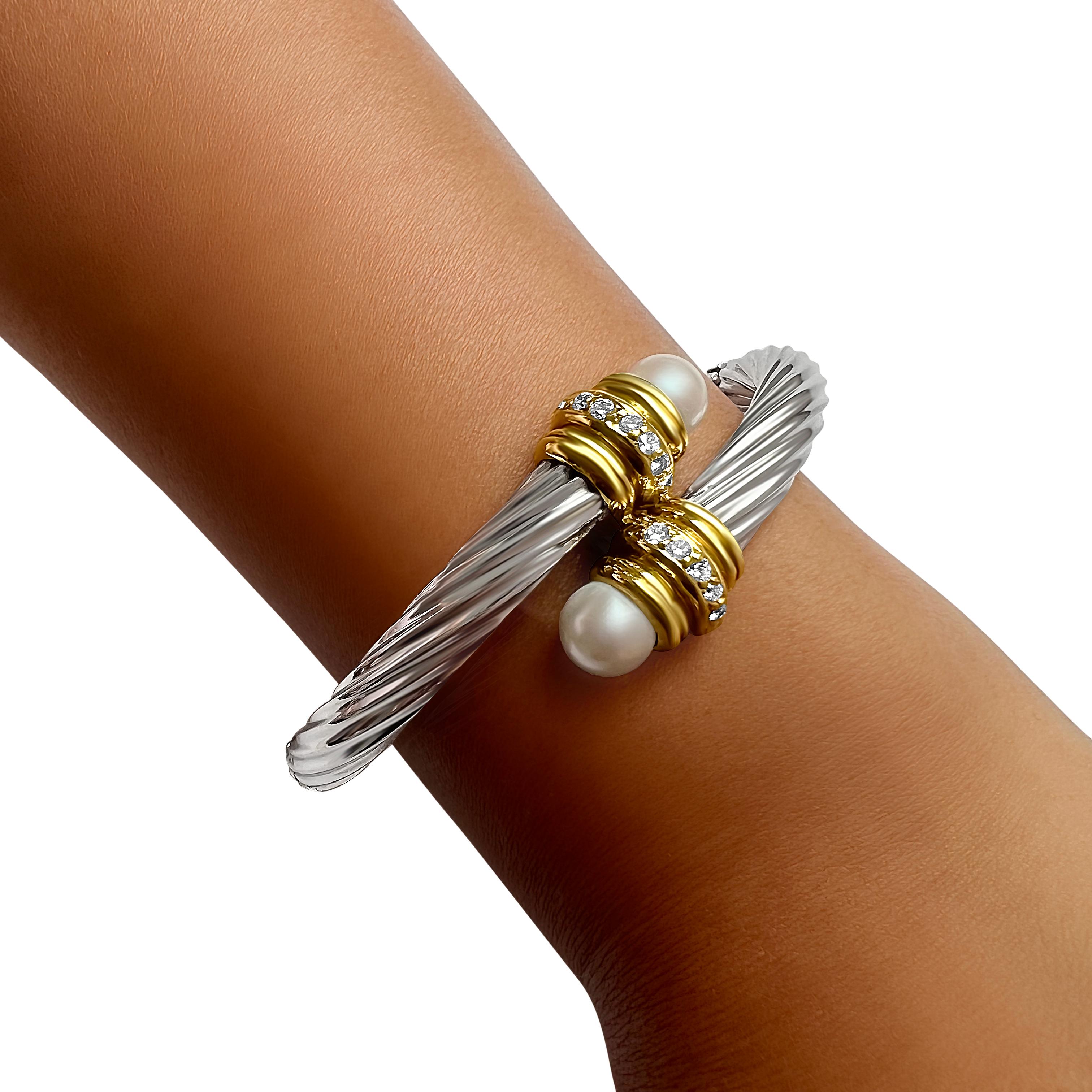 18K Two-Tone Wrap Bangle with Diamonds (0.60ct)  & 2 Pearls by Manart In New Condition For Sale In New Orleans, LA