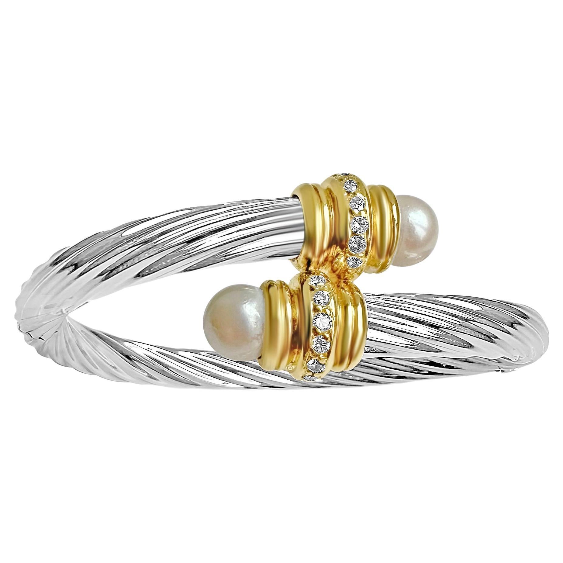 18K Two-Tone Wrap Bangle with Diamonds (0.60ct)  & 2 Pearls by Manart For Sale