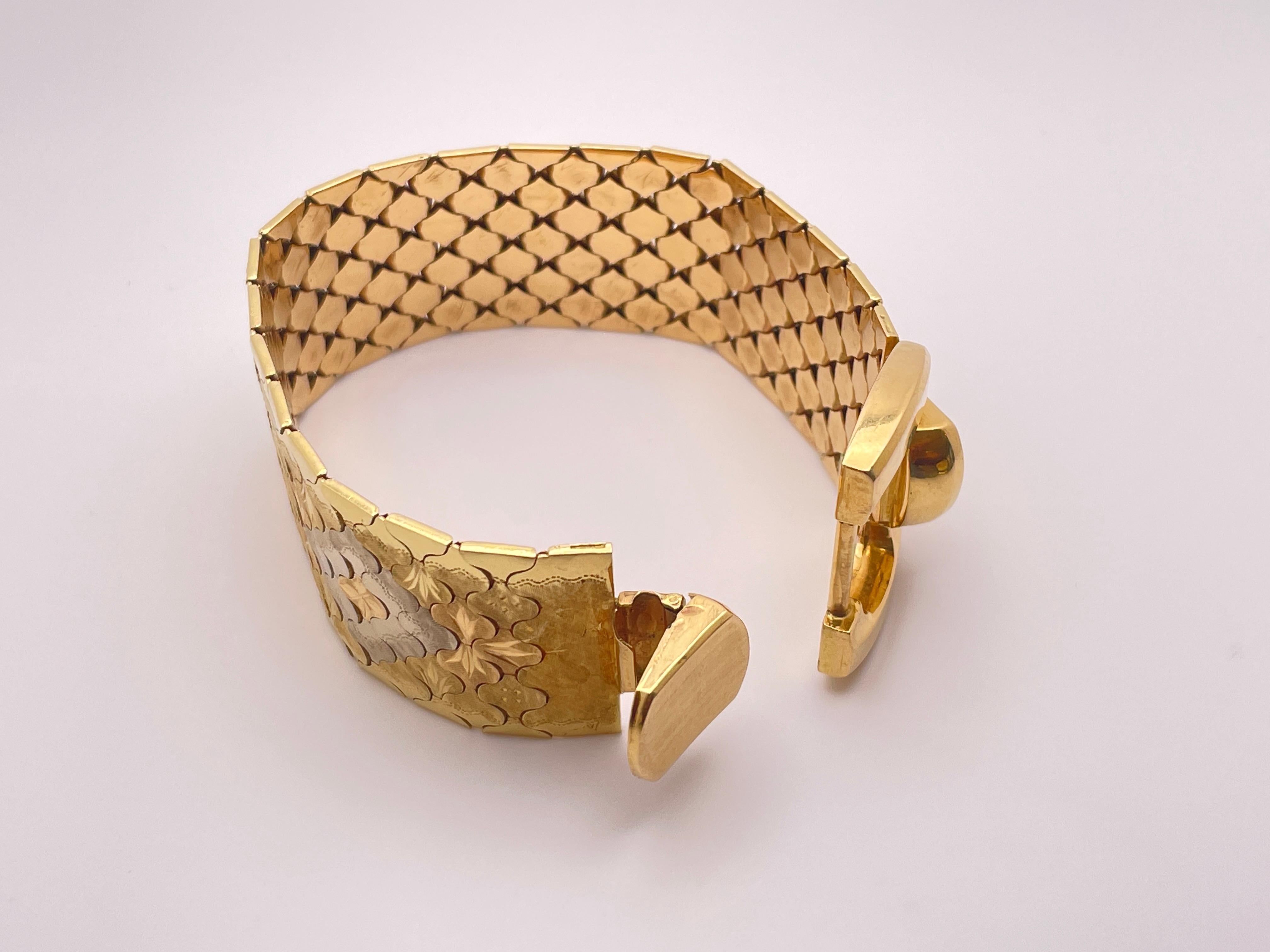 18K Two Tone Yellow White Gold Designer Textured Flexible Bracelet For Sale 8