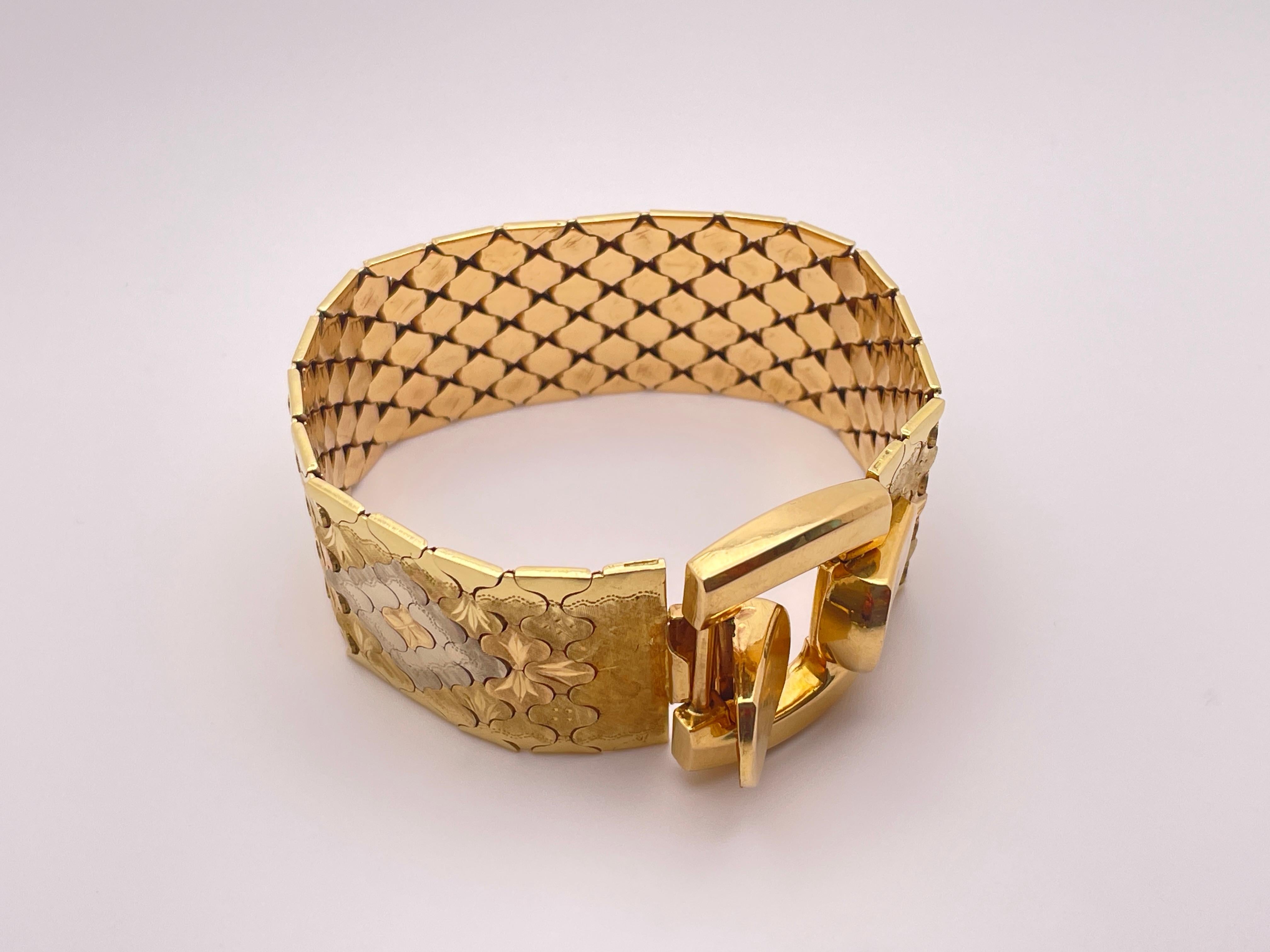 18K Two Tone Yellow White Gold Designer Textured Flexible Bracelet For Sale 9