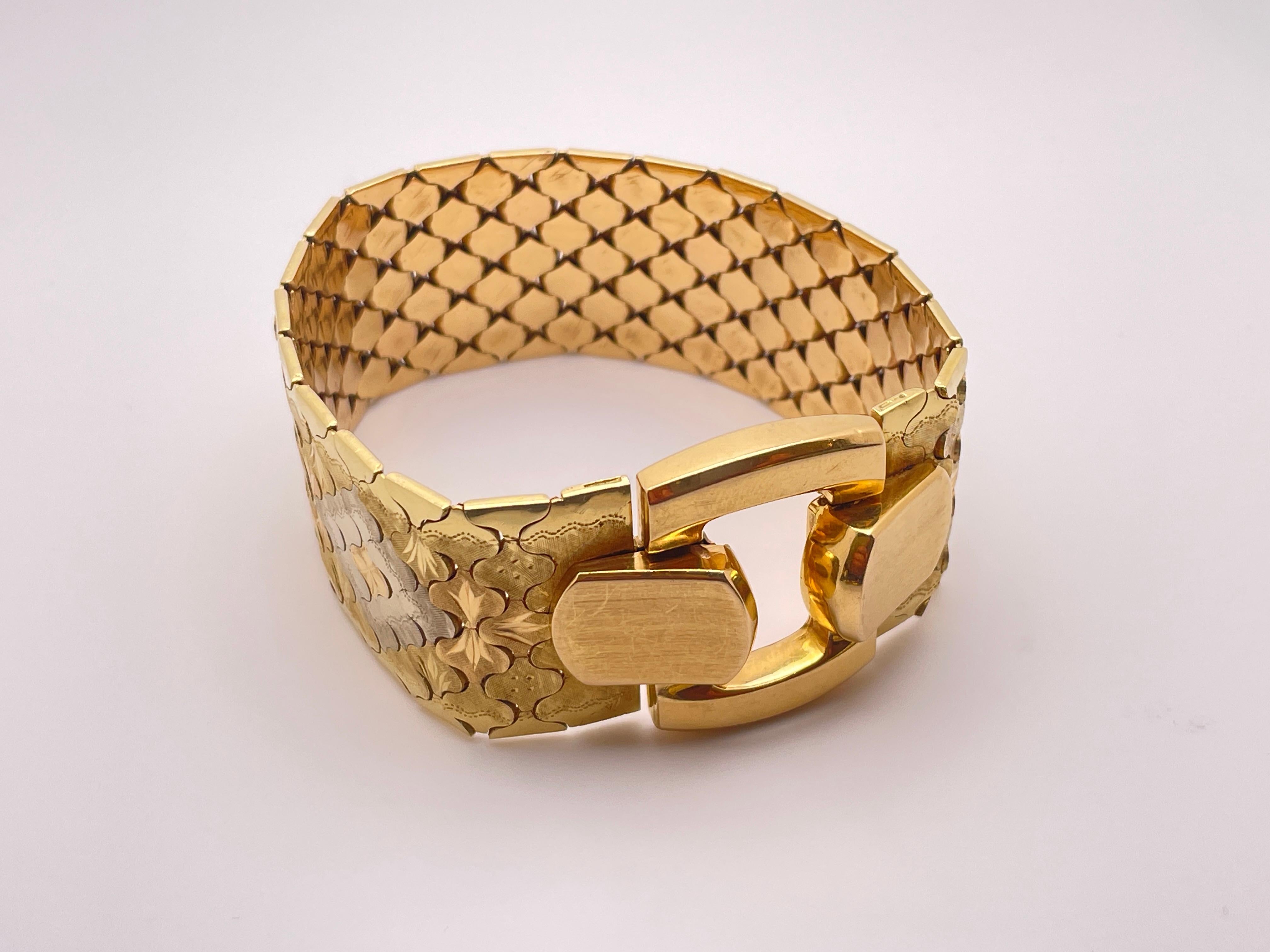 18K Two Tone Yellow White Gold Designer Textured Flexible Bracelet For Sale 10