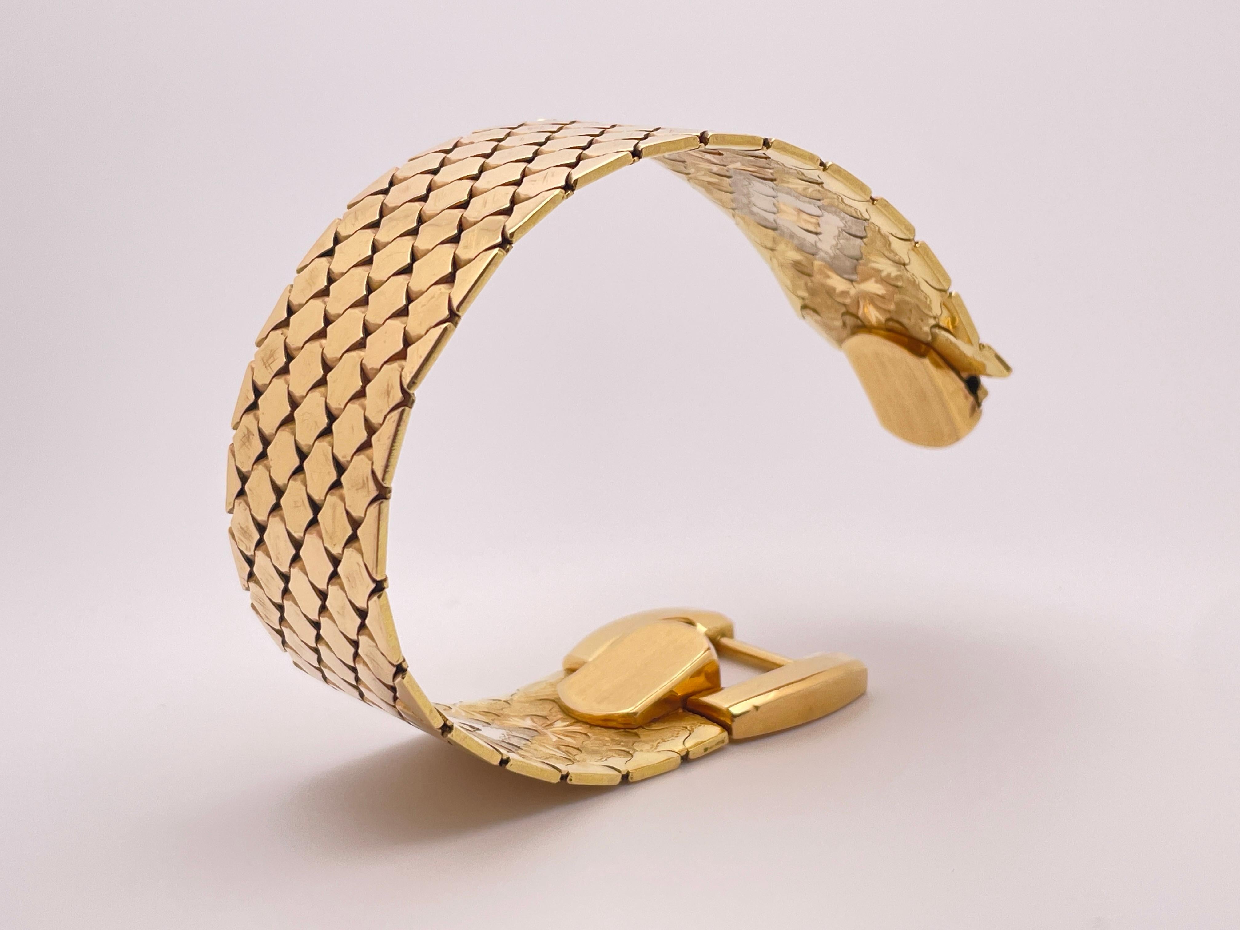 Women's or Men's 18K Two Tone Yellow White Gold Designer Textured Flexible Bracelet For Sale