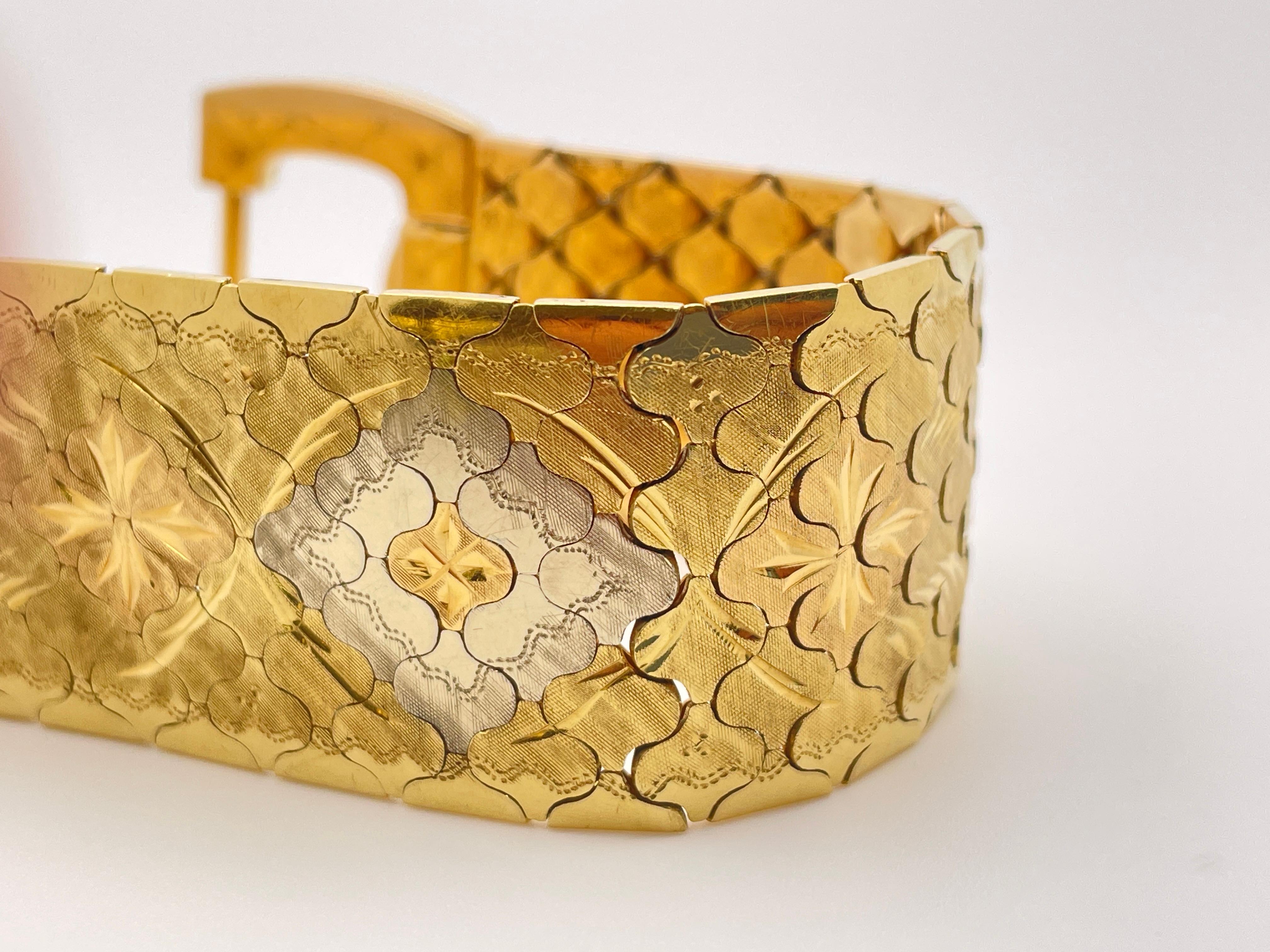 18K Two Tone Yellow White Gold Designer Textured Flexible Bracelet For Sale 2