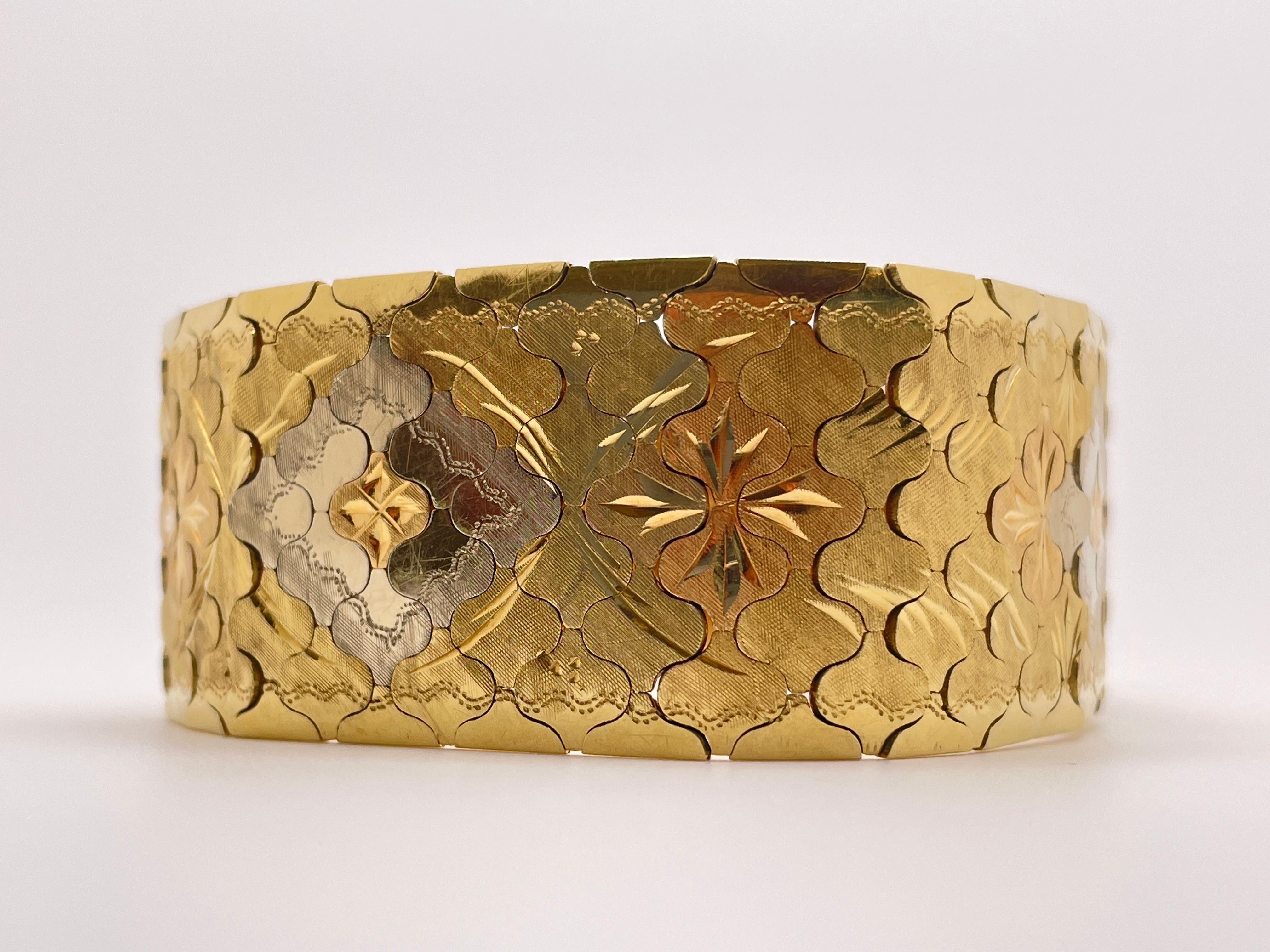 18K Two Tone Yellow White Gold Designer Textured Flexible Bracelet For Sale 5