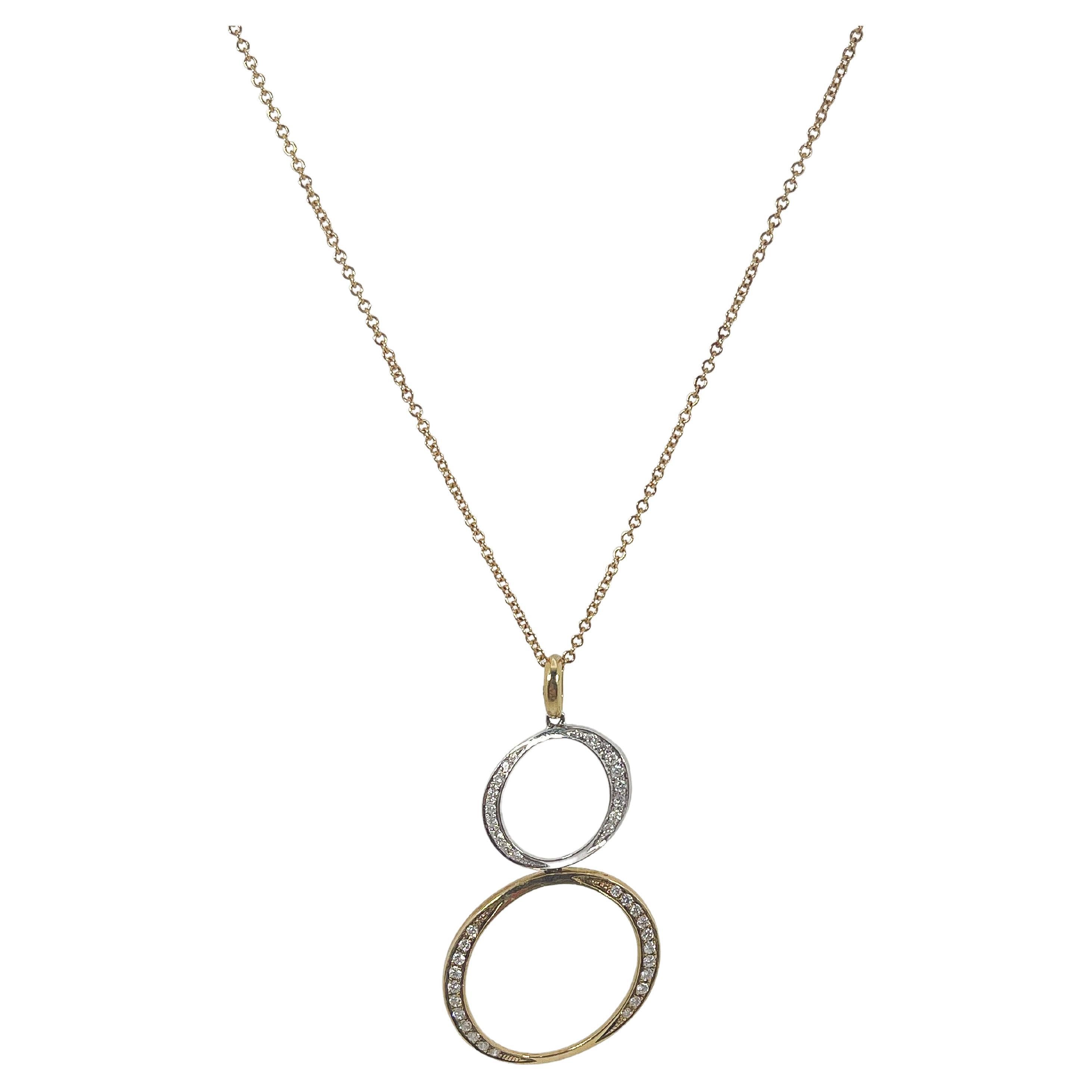 18K Two Toned Diamond .30CTW Double Circle Pendant Necklace For Sale