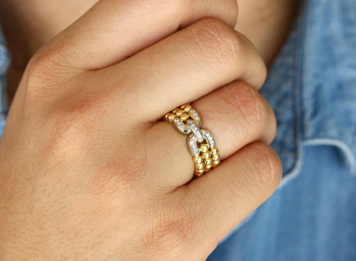 18 Karat zweifarbiger Diamant-Gürtelschnalle-Ring mit runden natürlichen Diamanten 1