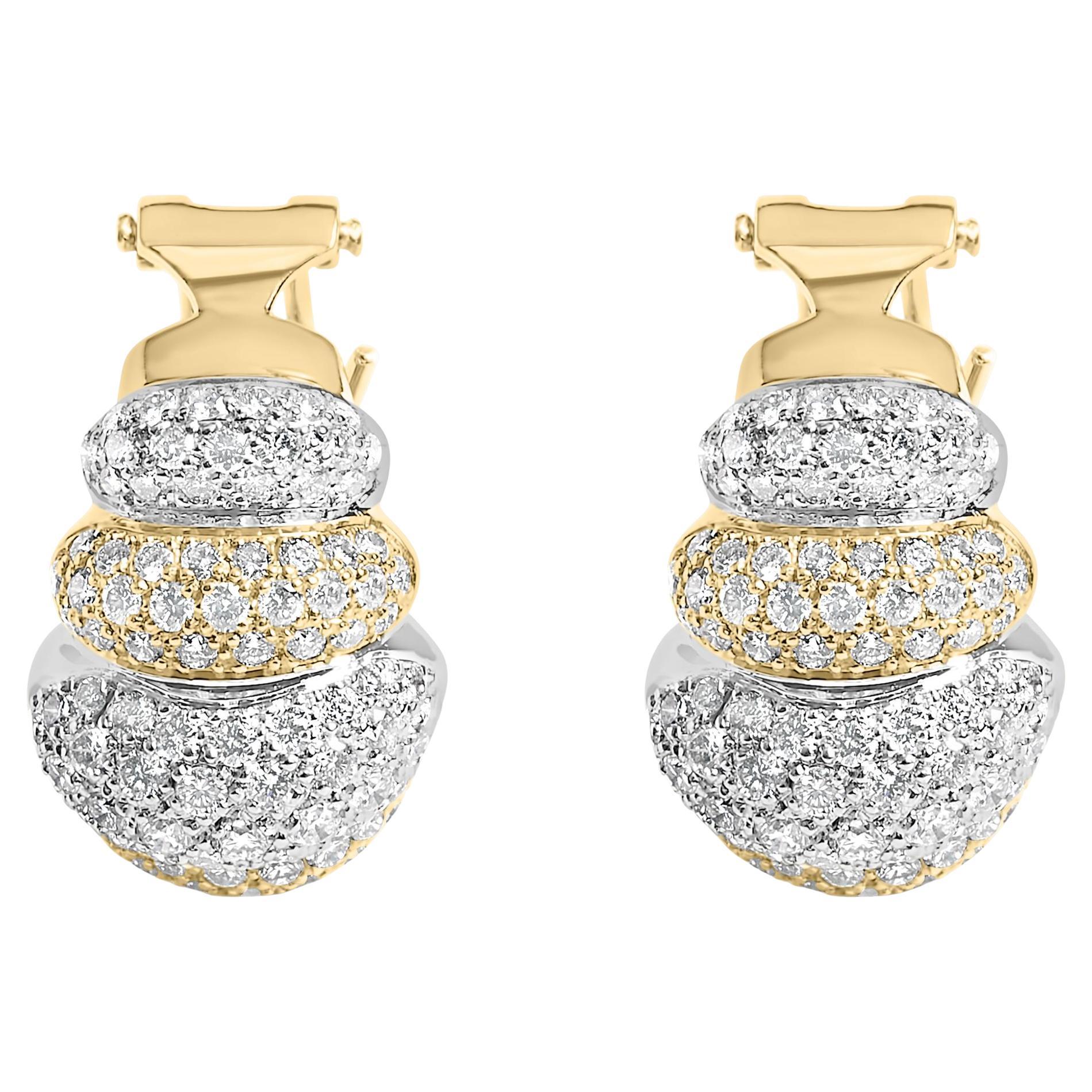 18K Two-Toned Gold 5.00 Cttw Diamond Three-tier Domed Button Omega Back Earrings For Sale