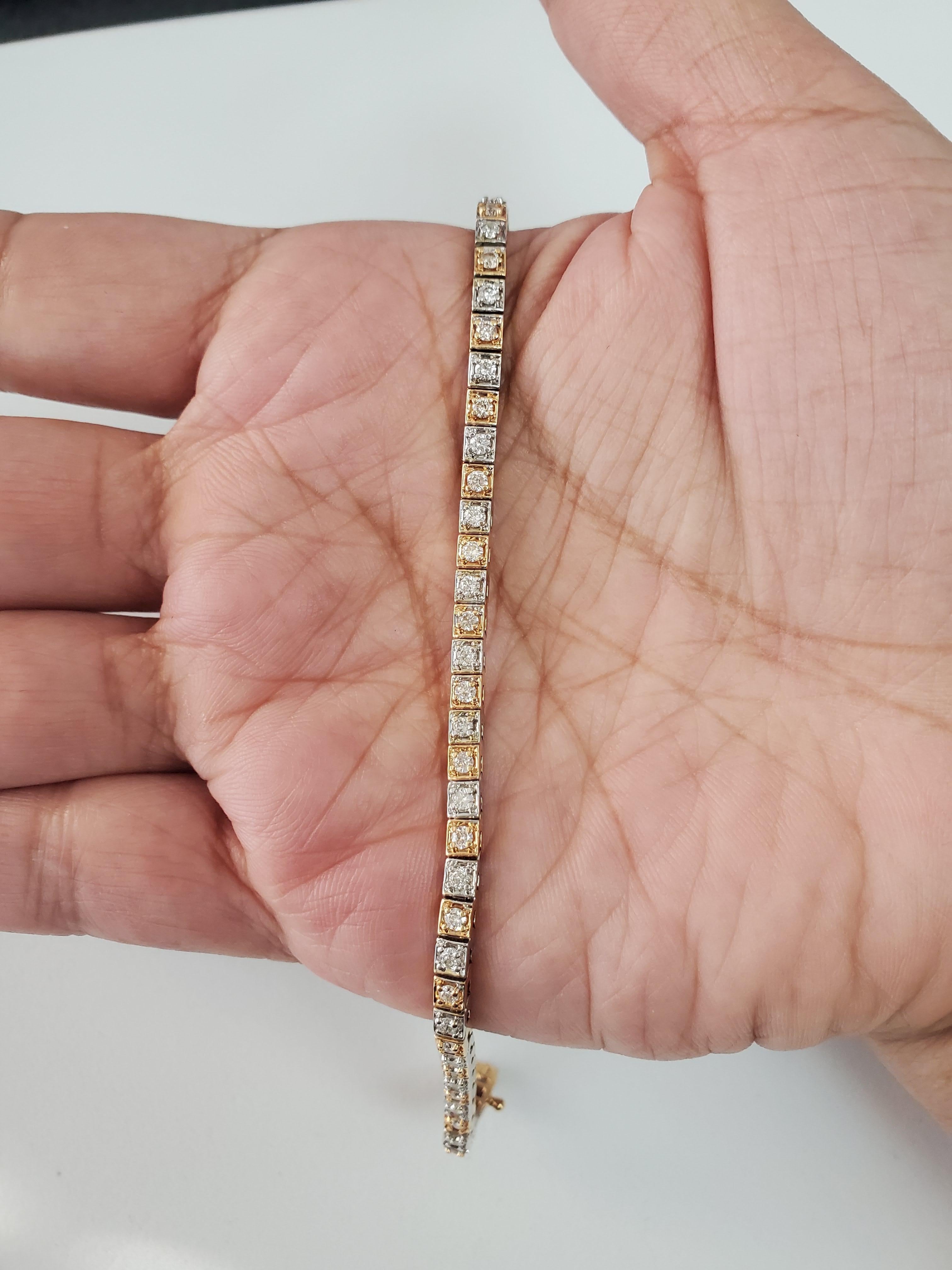 Round Cut 18k Two-Toned Rose & White Gold Diamond Tennis Bracelet For Sale
