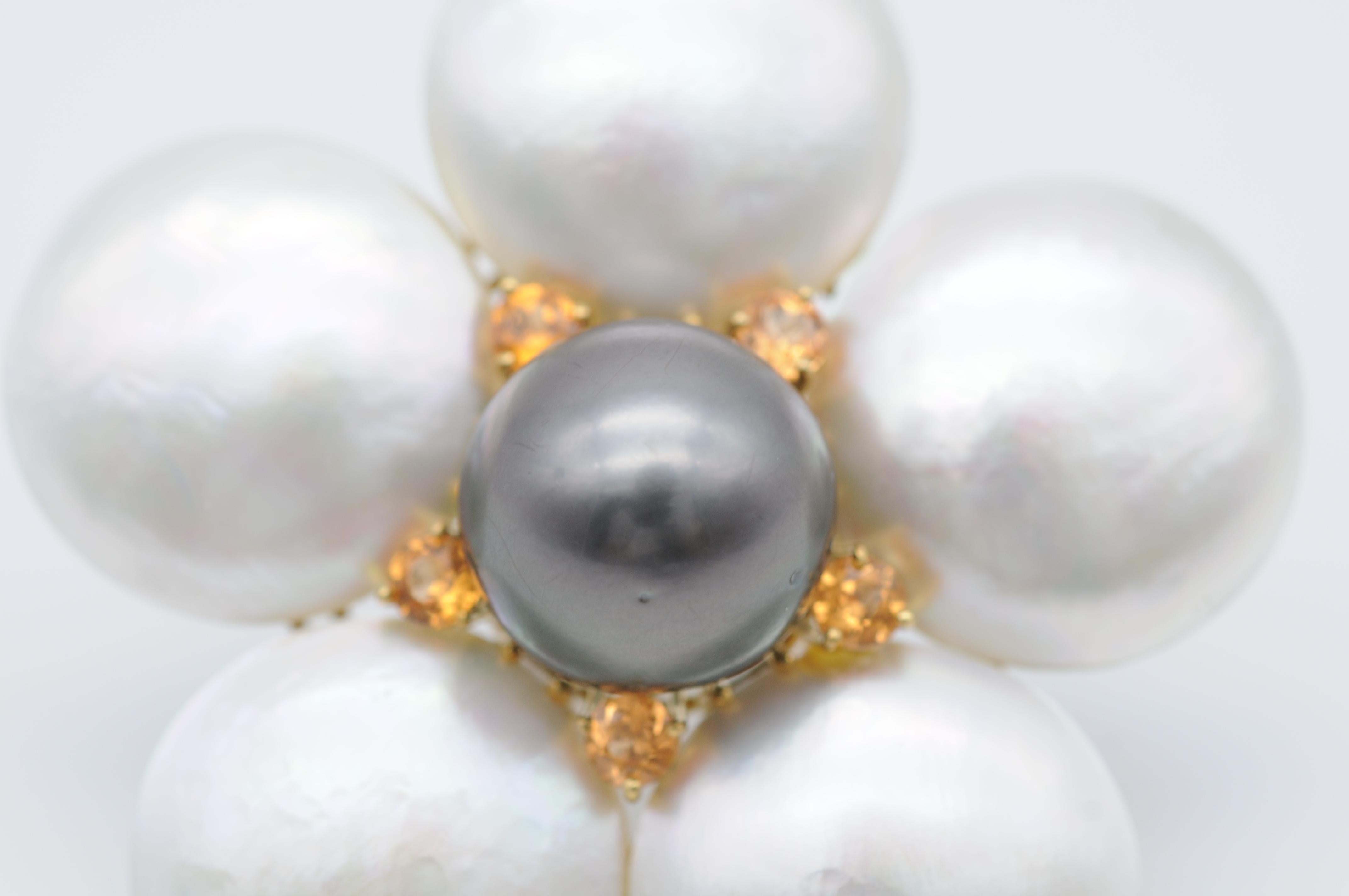Ball Cut 18k Unique Pearl Brooch Vop. with Black Tahitian Pearl For Sale