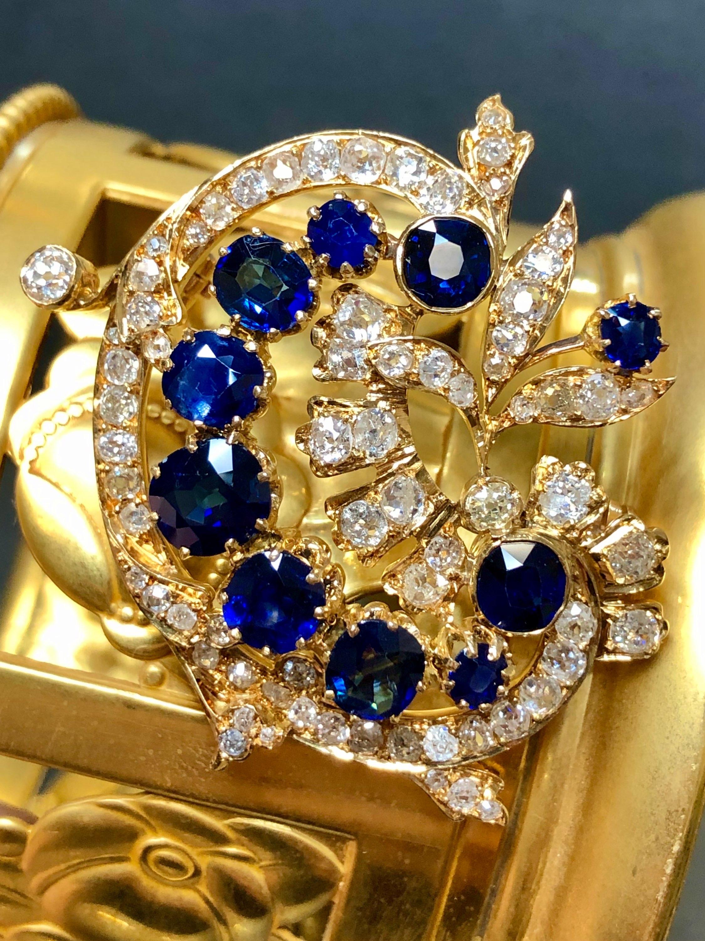Antique 18K Victorian Diamond NO HEAT Sapphire Floral Paisley Brooch Pin GIA In Good Condition In Winter Springs, FL