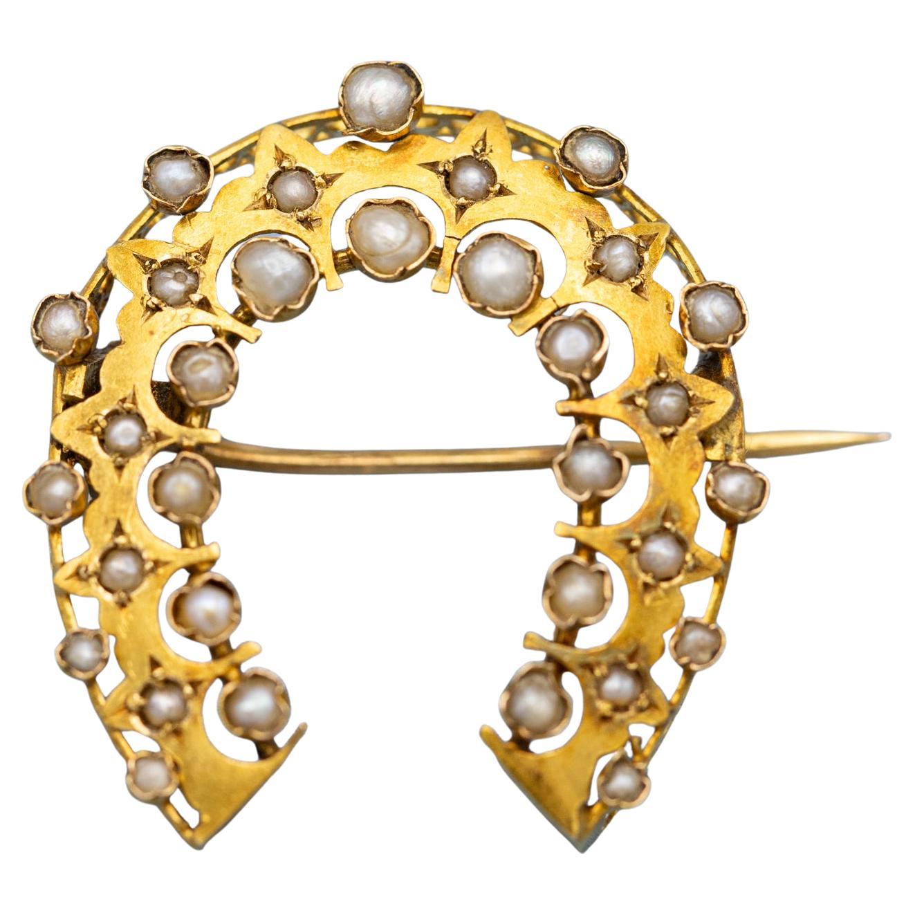 18k Victorian horse shoe Brooch - 18 Karat solid gold antique pin - Good Luck
