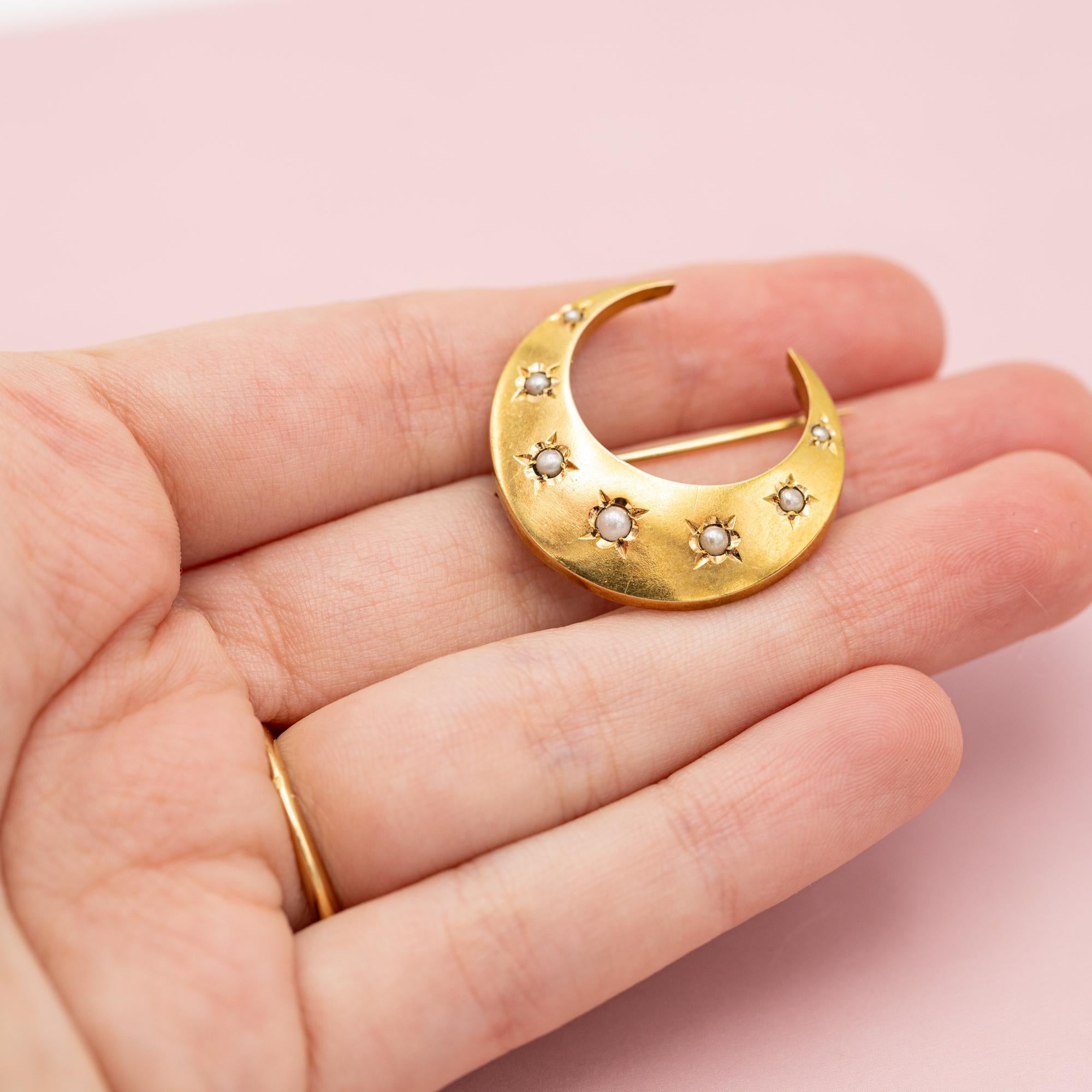 18k Victorian Moon Brooch - 18 Karat solid gold antique brooch - Celestial Pin 5