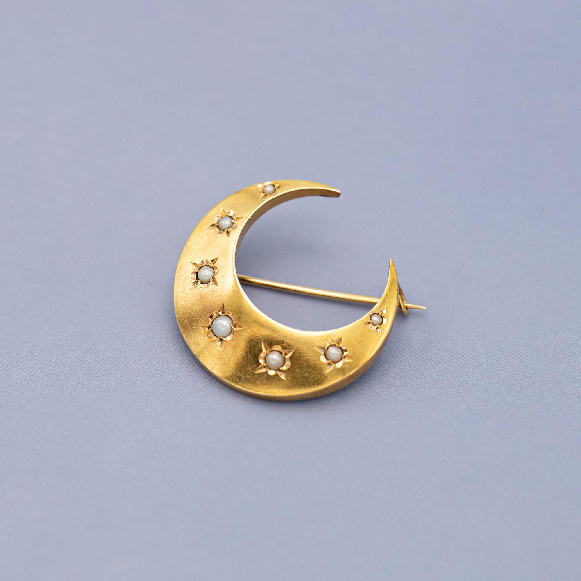 18k Victorian Moon Brooch - 18 Karat solid gold antique brooch - Celestial Pin 7