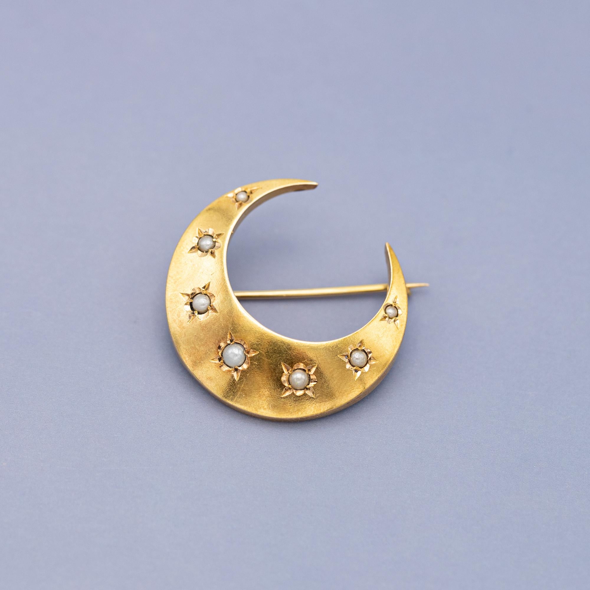 18k Victorian Moon Brooch - 18 Karat solid gold antique brooch - Celestial Pin 8