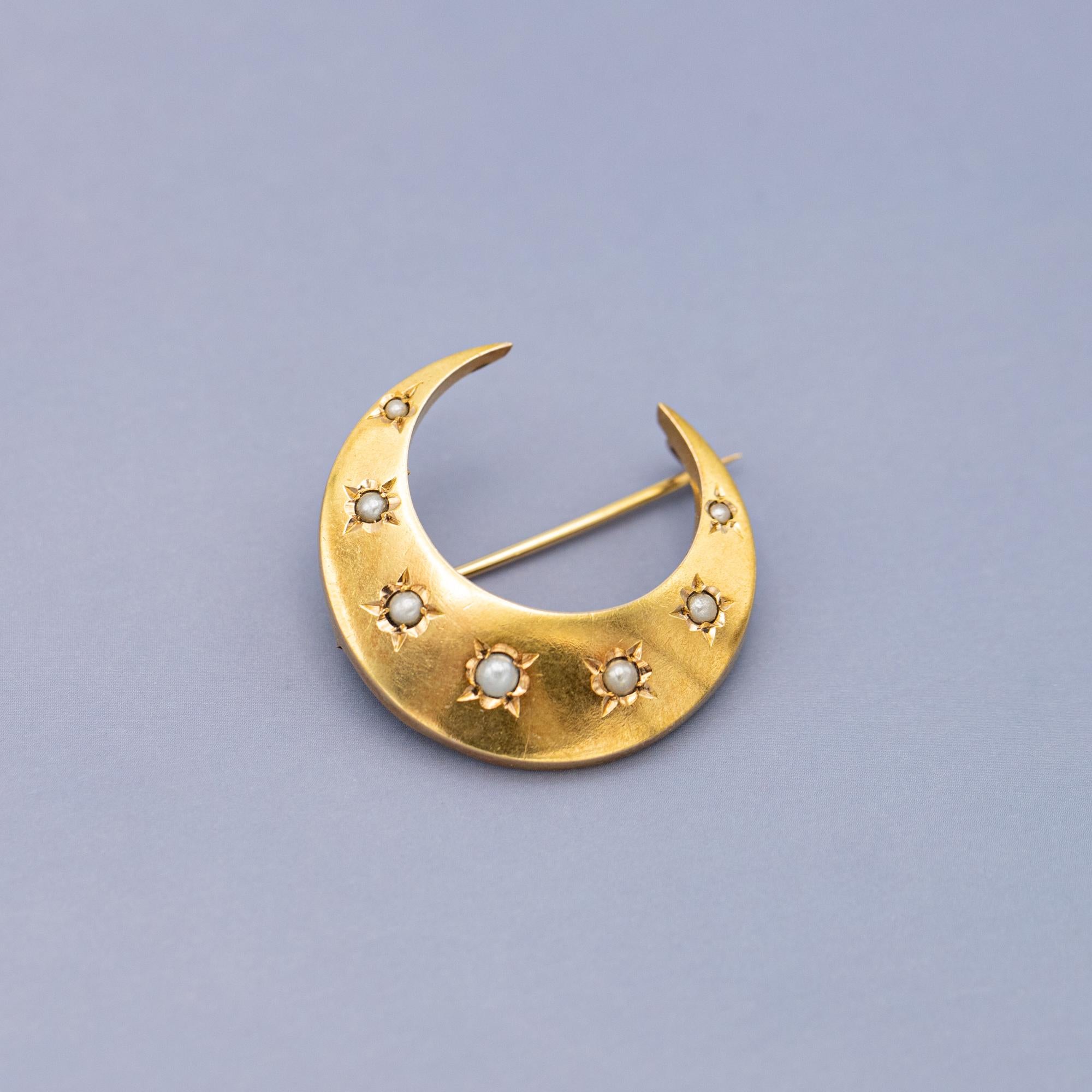 18k Victorian Moon Brooch - 18 Karat solid gold antique brooch - Celestial Pin 9