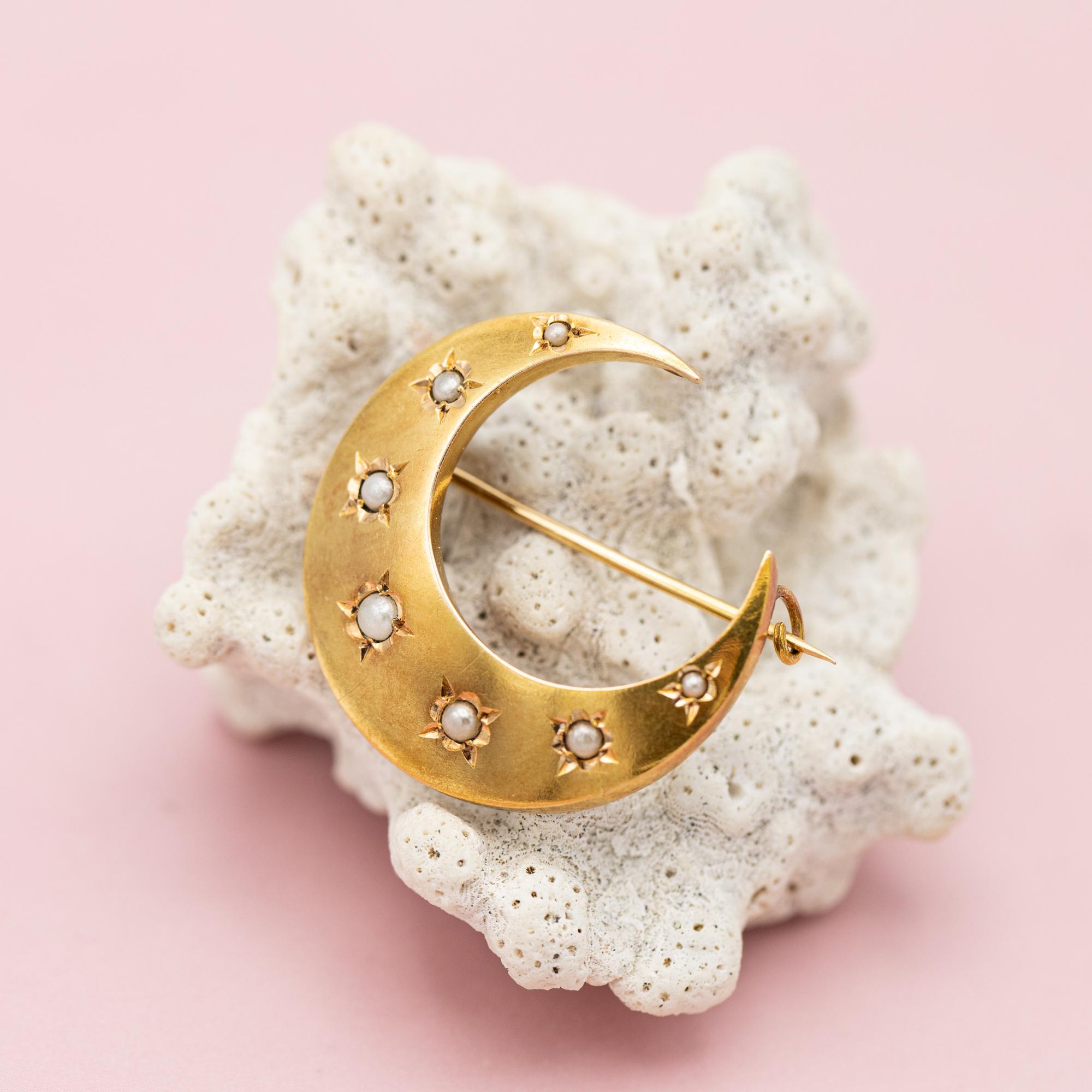 Women's or Men's 18k Victorian Moon Brooch - 18 Karat solid gold antique brooch - Celestial Pin
