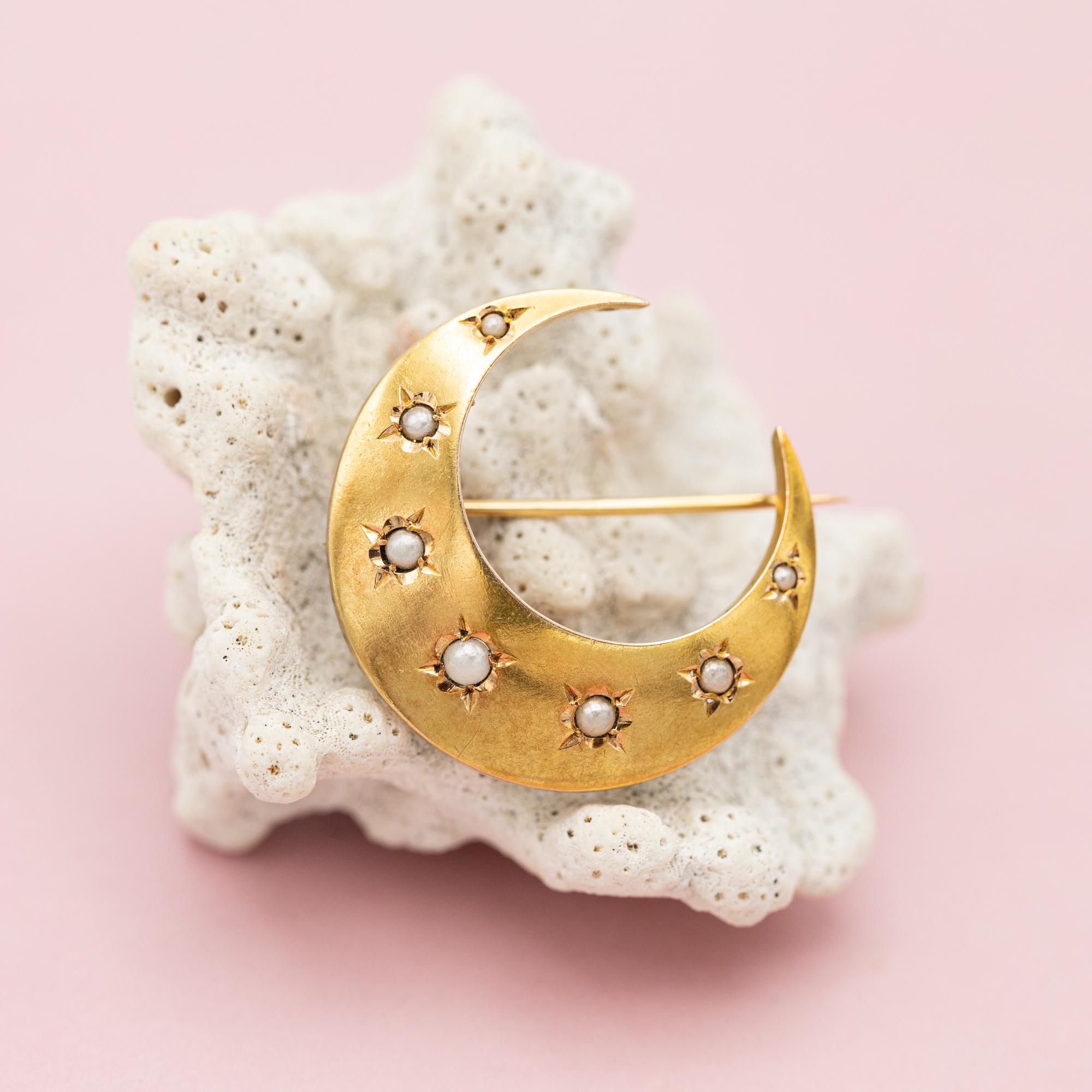 18k Victorian Moon Brooch - 18 Karat solid gold antique brooch - Celestial Pin 1