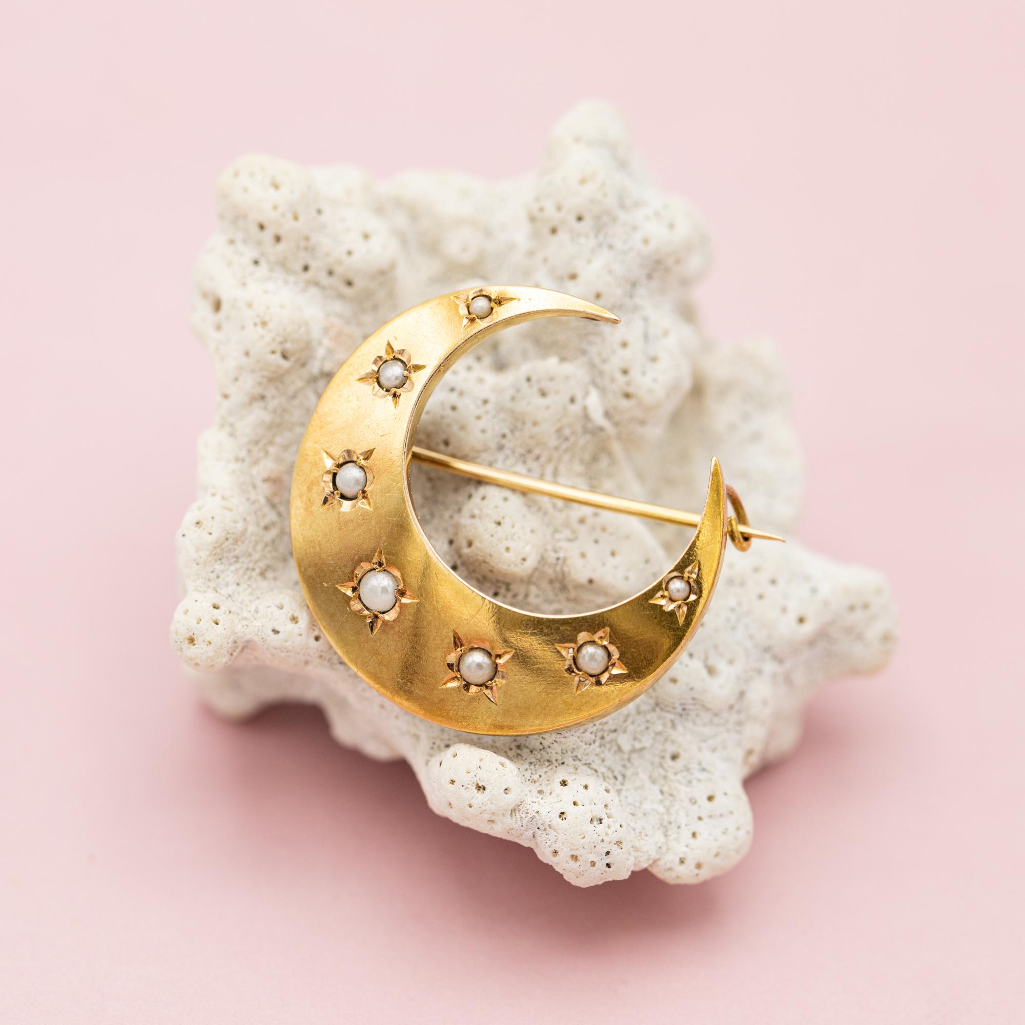 18k Victorian Moon Brooch - 18 Karat solid gold antique brooch - Celestial Pin 2