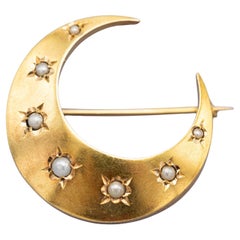 18k Victorian Moon Brooch - 18 Karat solid gold antique brooch - Celestial Pin