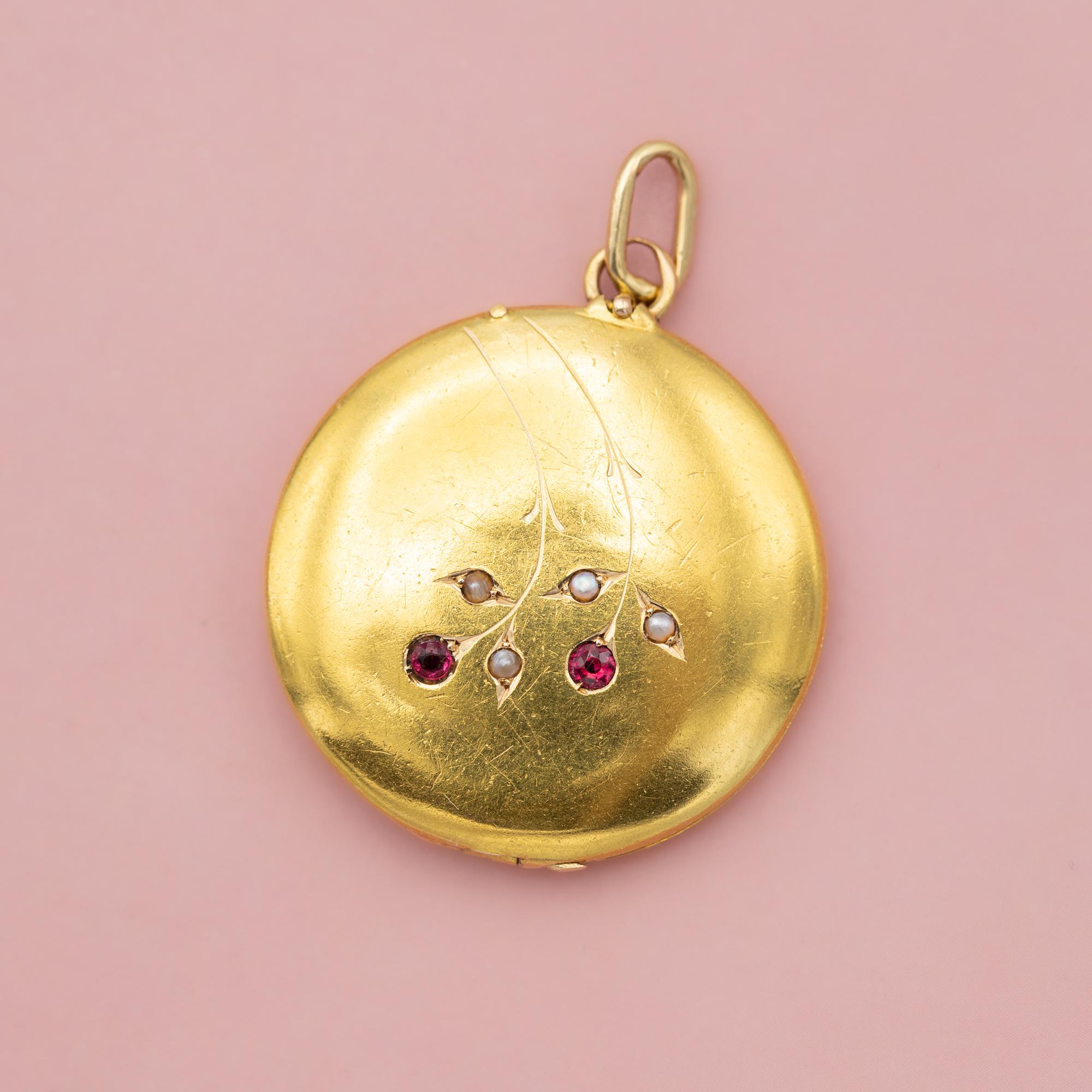 18K Viktorianische Foto Medaillon - 18 Karat massivem Gold Anhänger - Floral runden Medaillon (Art nouveau)