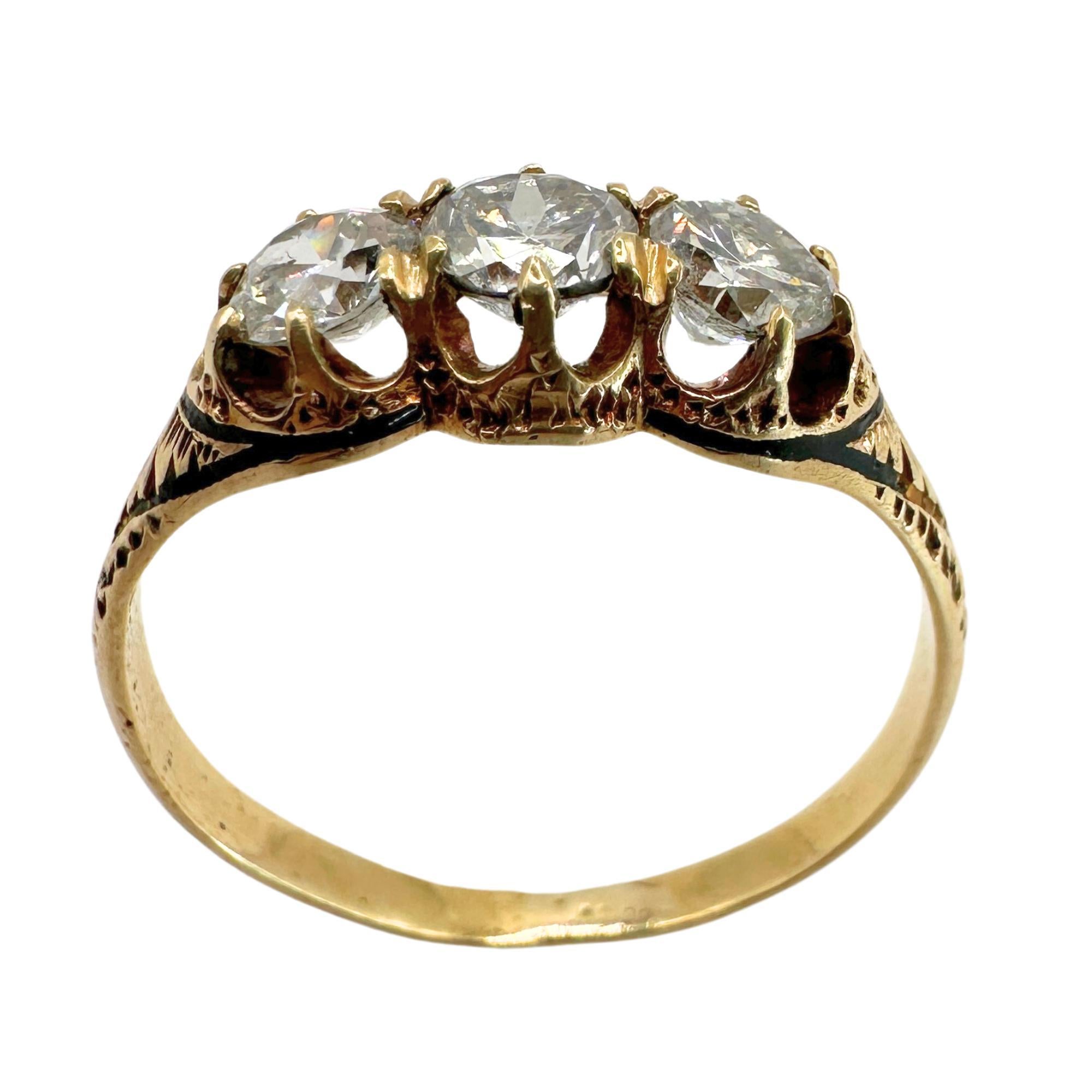 Introducing the enchanting 18k Victorian Three Stone Diamond Engagement Ring, a cherished piece of history weighing 2.1 grams and designed in size 6.50. This ring beautifully encapsulates the essence of the Victorian era and has a diamond weight of