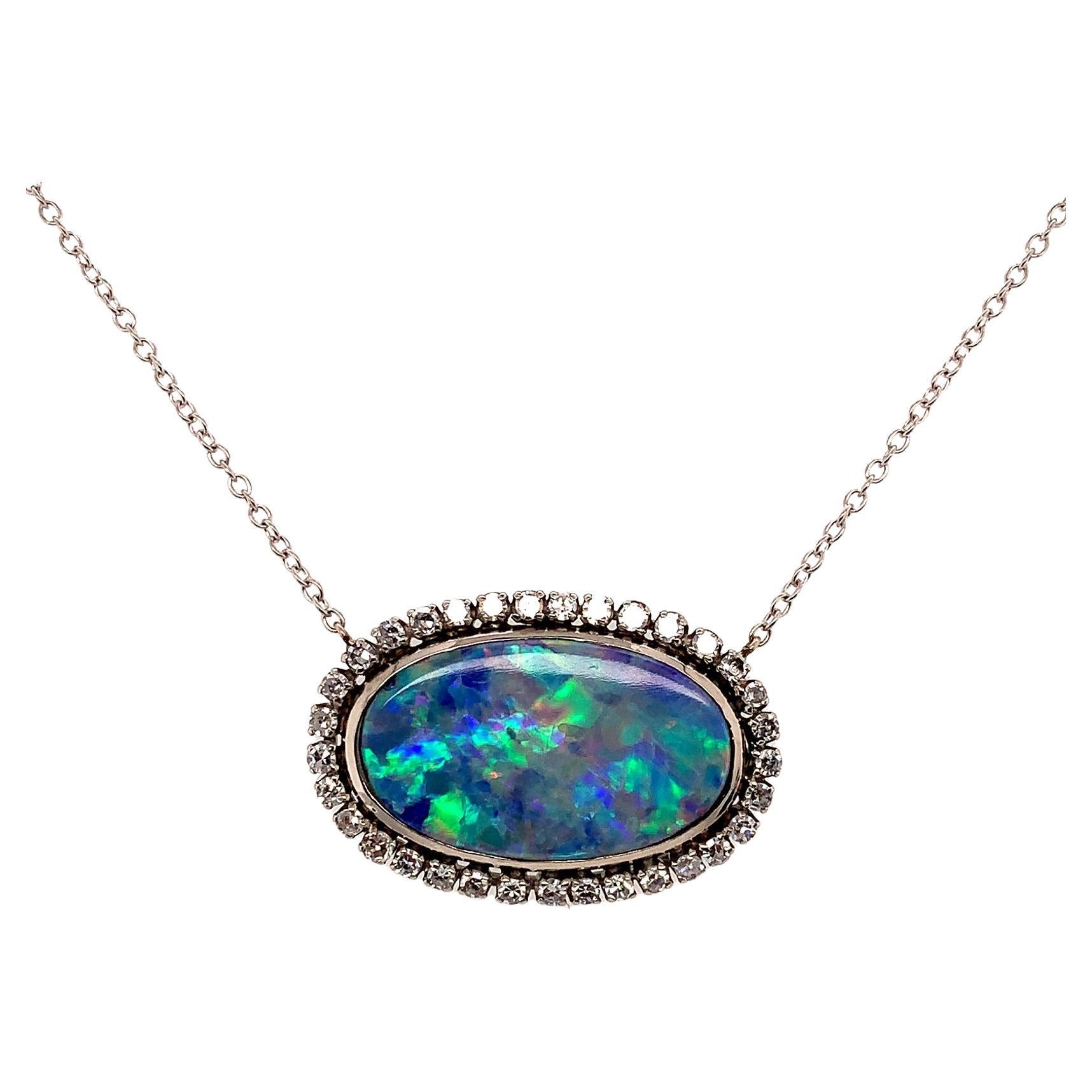 18k Vintage 10 Carat Black Opal 
Diamond Necklace