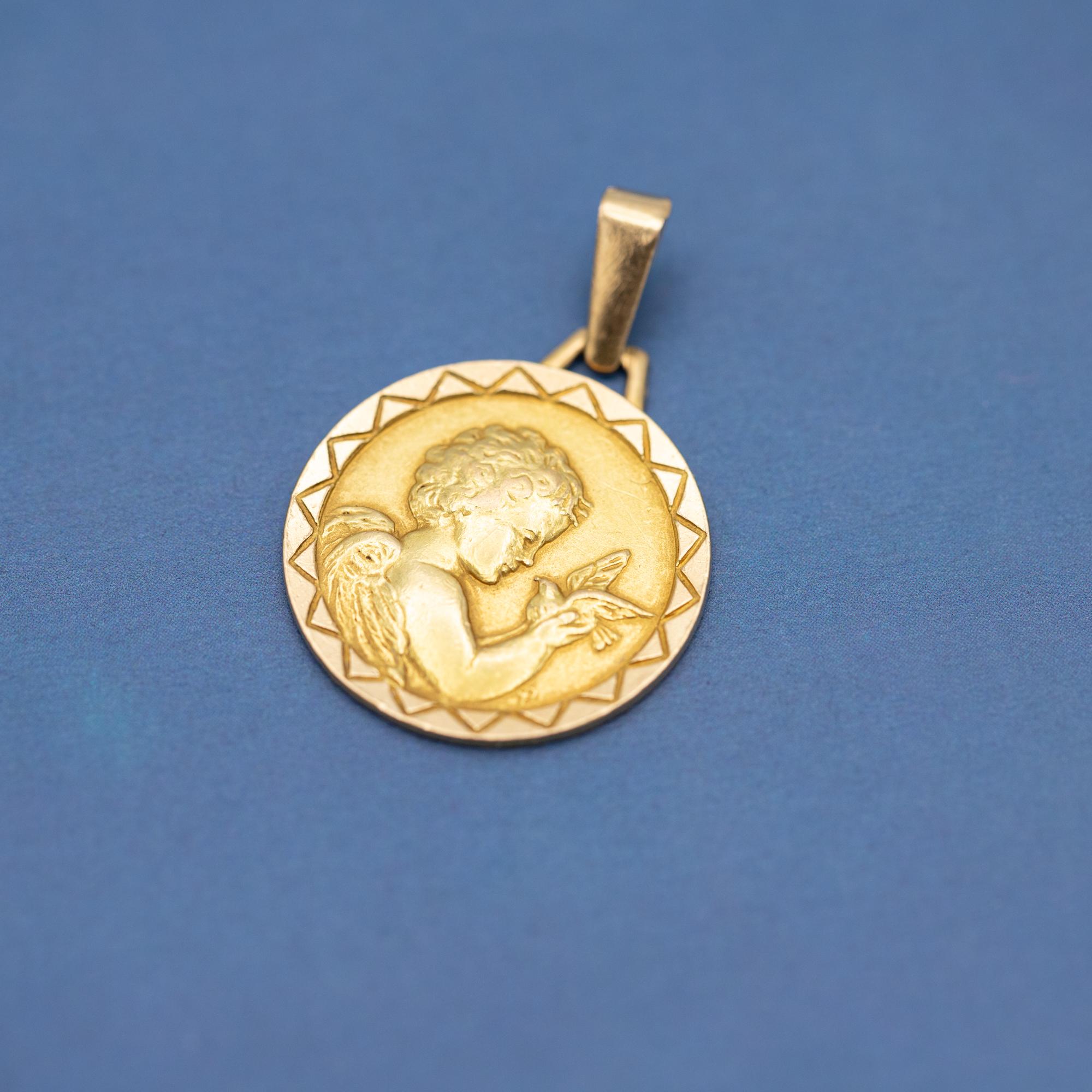 Women's or Men's 18k Vintage cherub charm pendant - Angel medallion - solid yellow gold charm