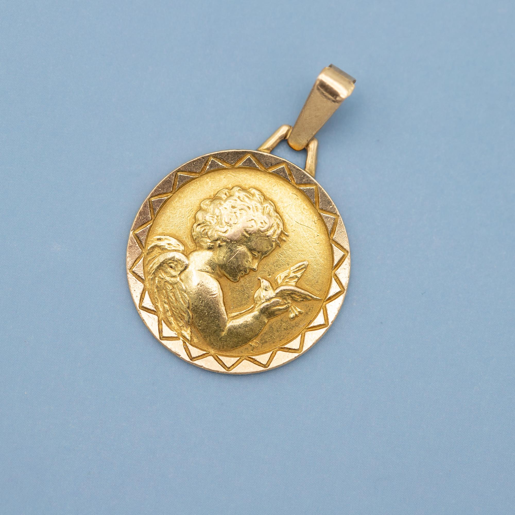 18k Vintage cherub charm pendant - Angel medallion - solid yellow gold charm 1