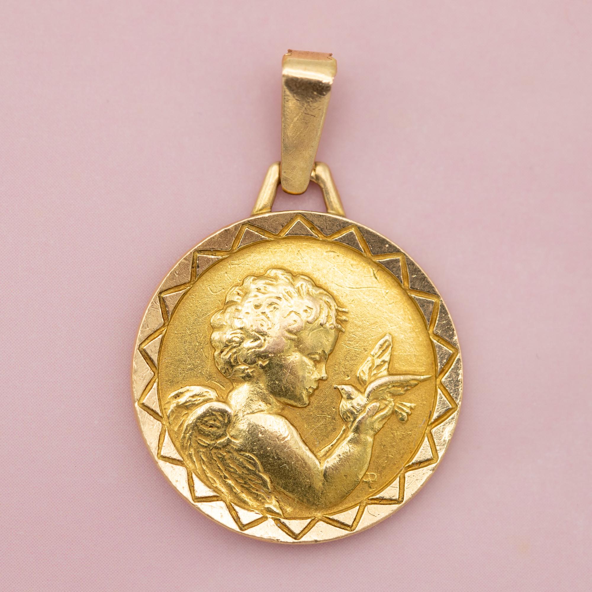 18k Vintage cherub charm pendant - Angel medallion - solid yellow gold charm 3