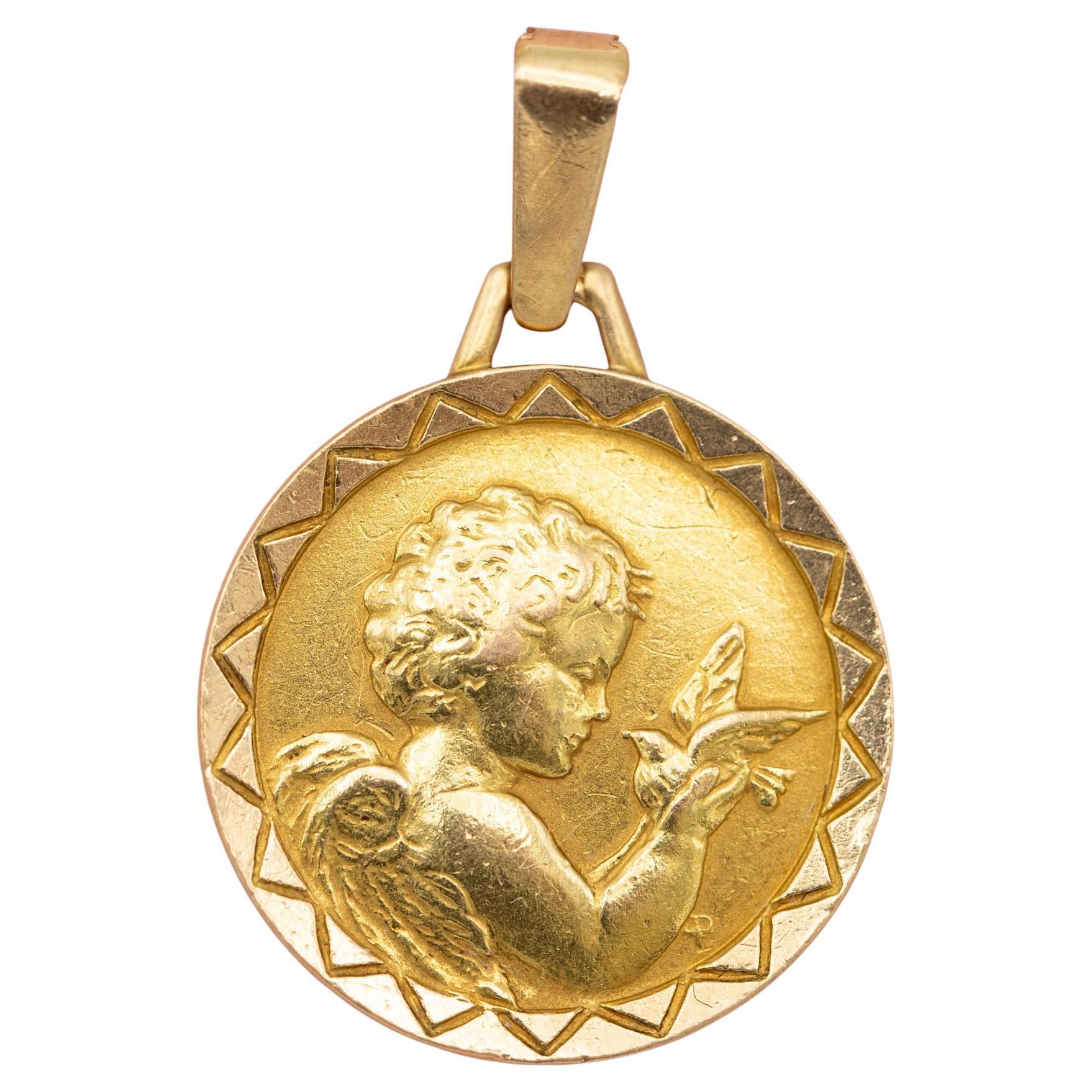 Colgante encanto querubín 18k Vintage - medallón Ángel - encanto de oro amarillo macizo