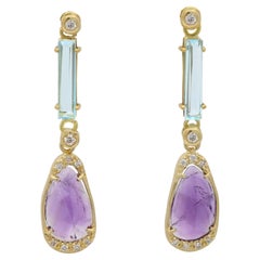 18k Vintage Dangle Earrings Yellow Gold Natural Diamonds and Amethyst