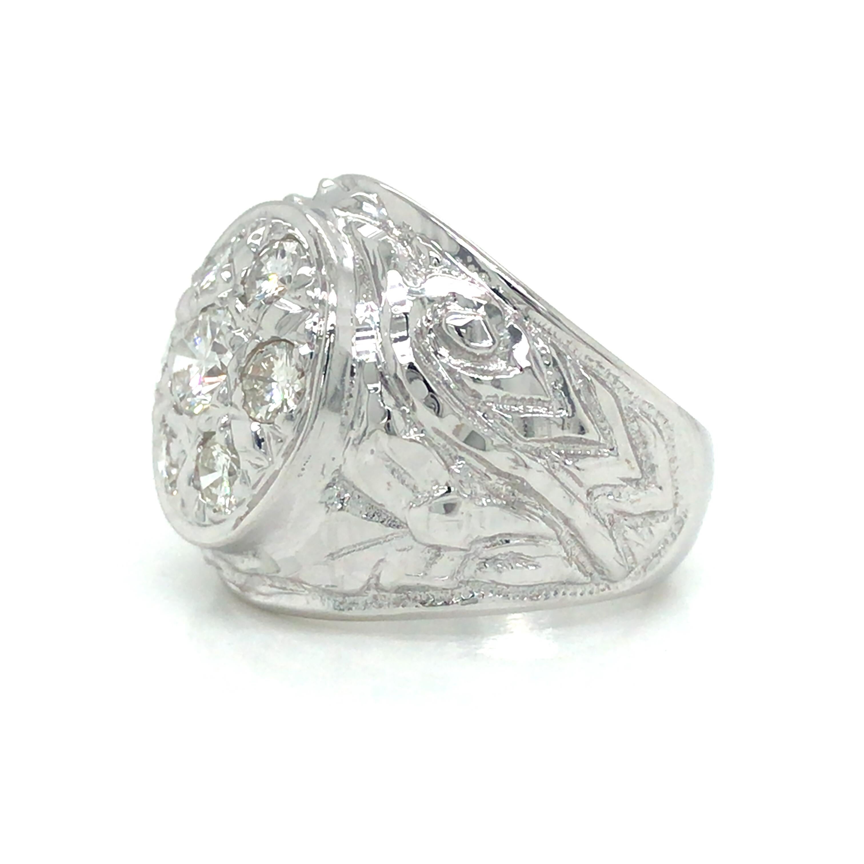 Round Cut 18K Vintage Diamond Cluster Signet Ring White Gold For Sale