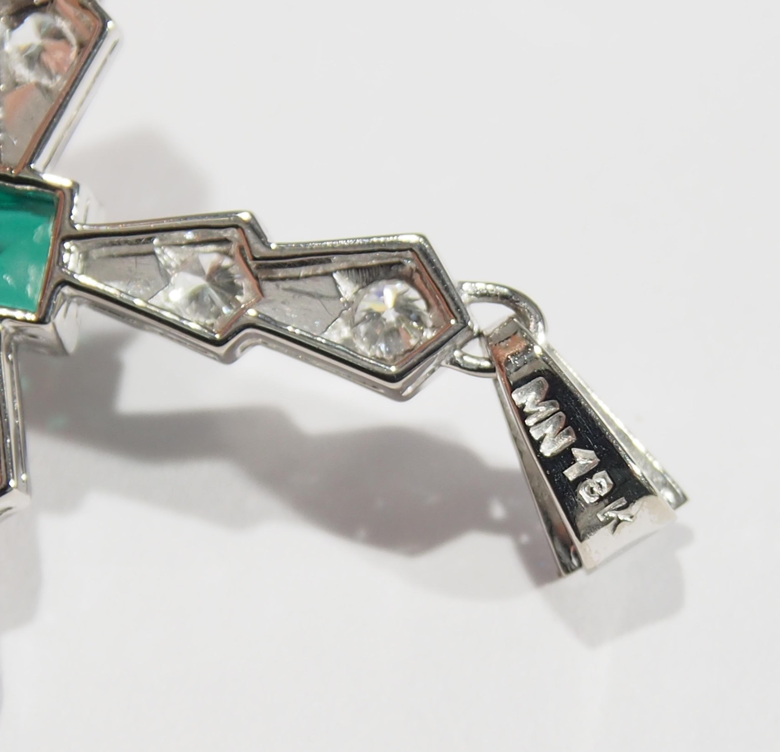 Women's or Men's 18 Karat Vintage Diamond Emerald Cross Pendant White