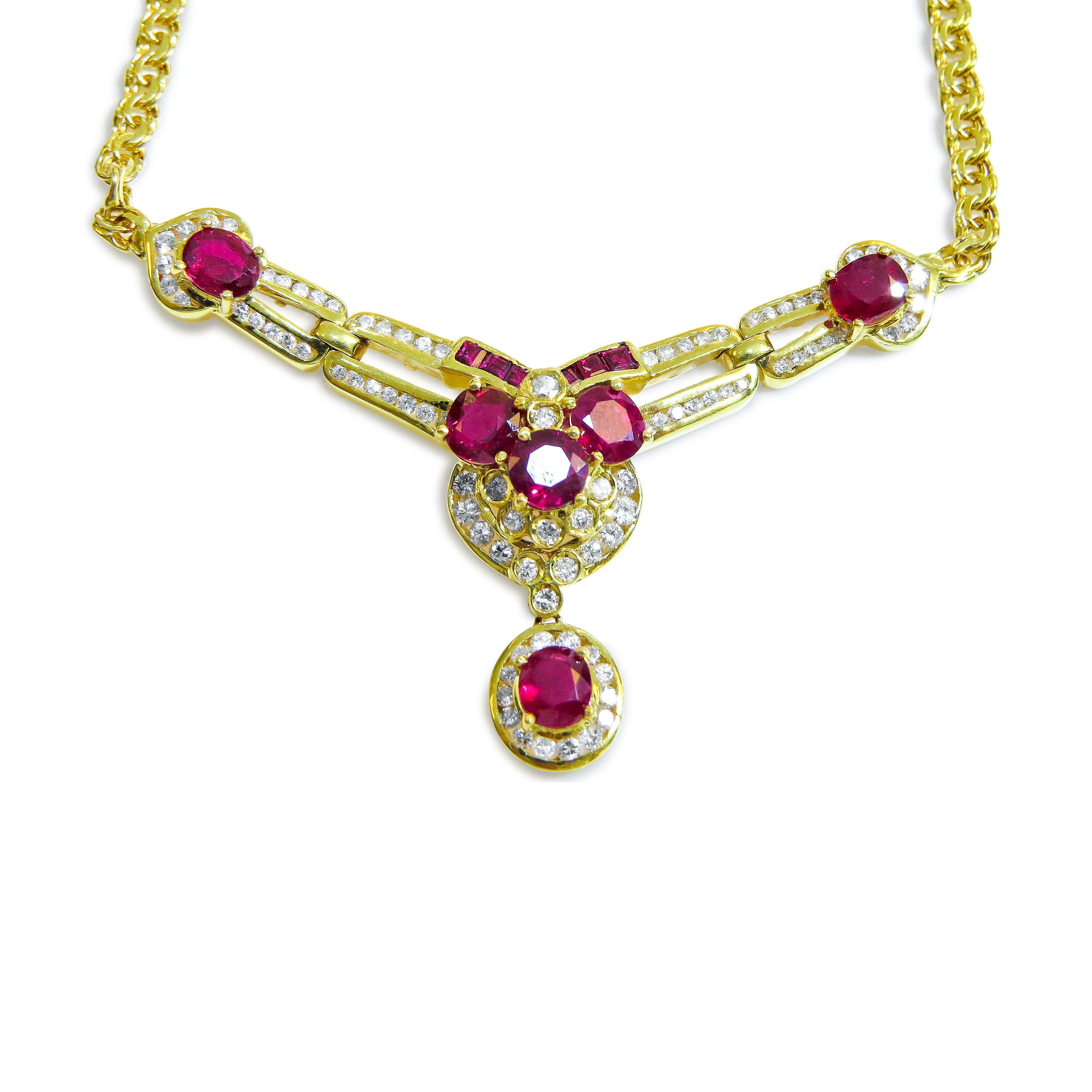 18K Yellow Gold 
Weight= 15.9gr 
Length= 17 Inches 
Diamond= 1.50Ct total 
Ruby= 5 Ct total
Year= 1980