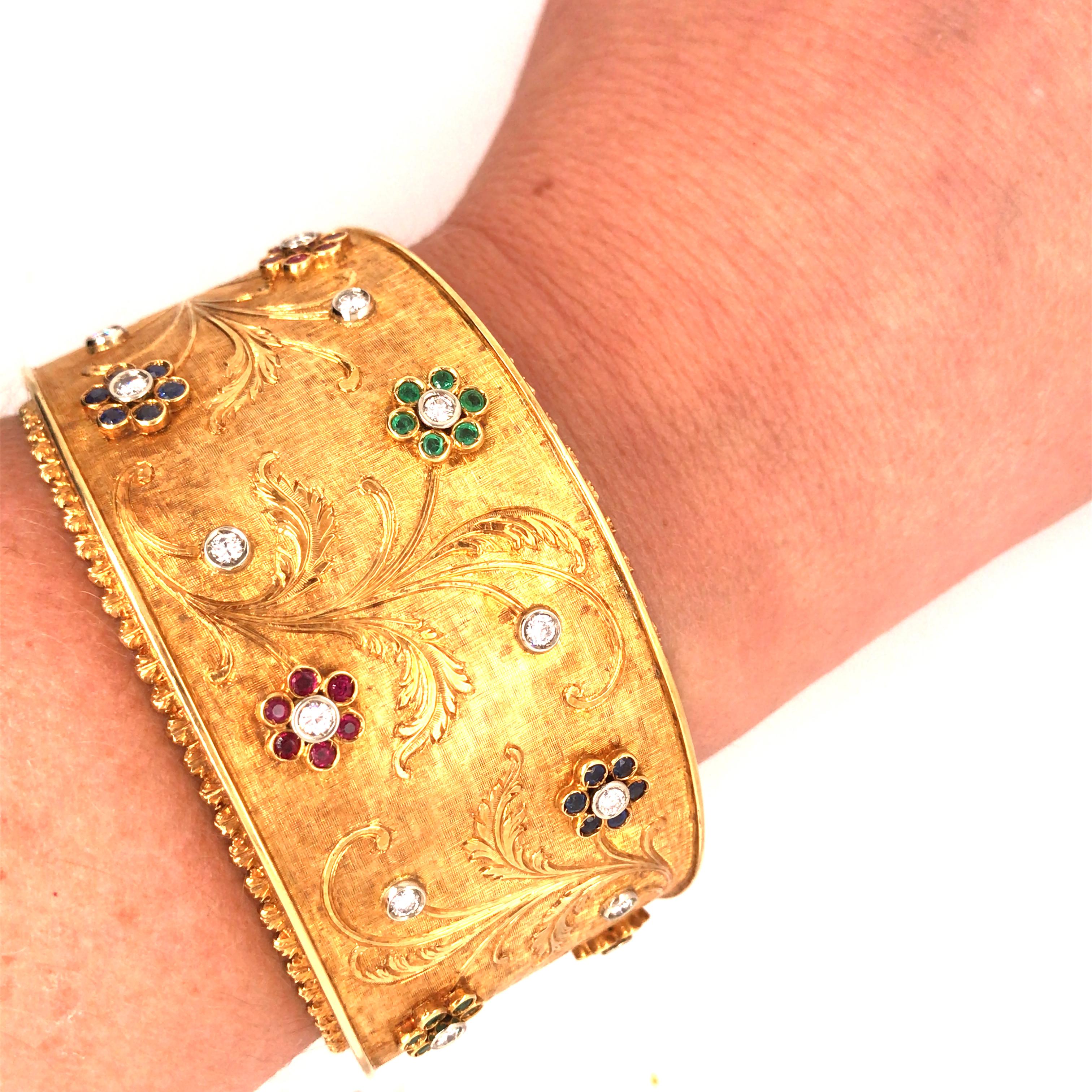 18K Vintage Diamond, Ruby, Sapphire and Emerald Cuff Bracelet Yellow Gold 3