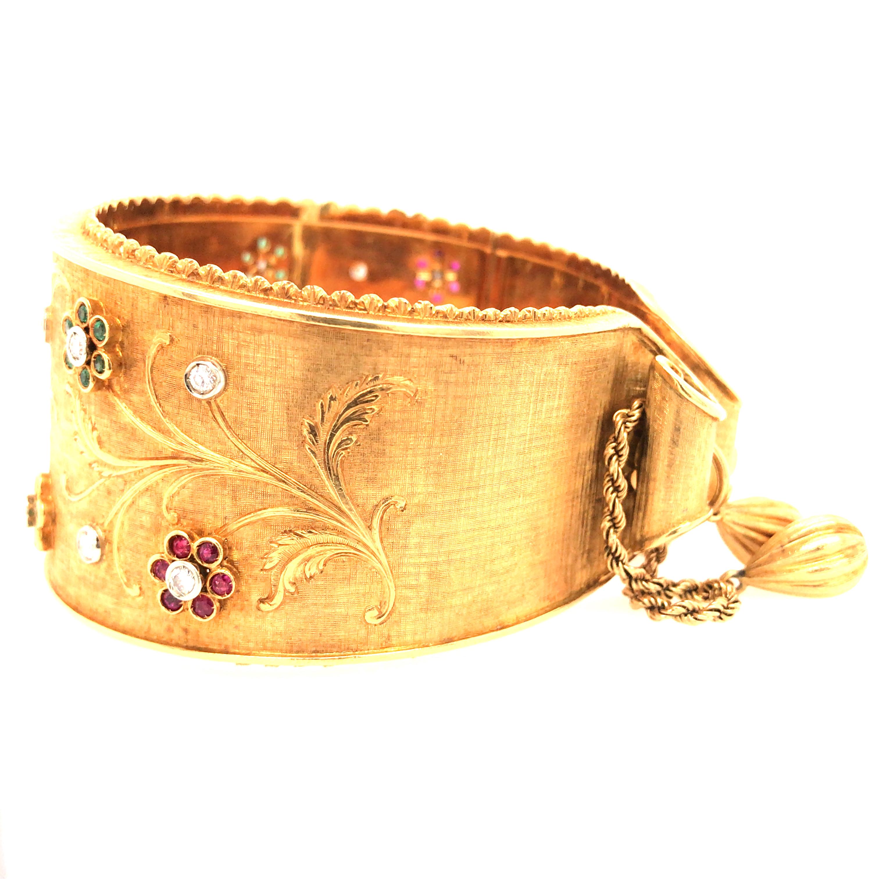 Round Cut 18K Vintage Diamond, Ruby, Sapphire and Emerald Cuff Bracelet Yellow Gold